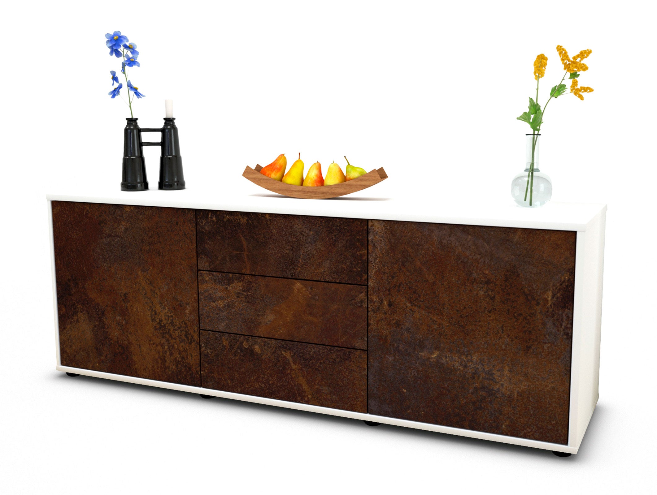 Lowboard - Ameline - Design Industrie Stil - Freistehend mit Push to Open 136 cm Weiss