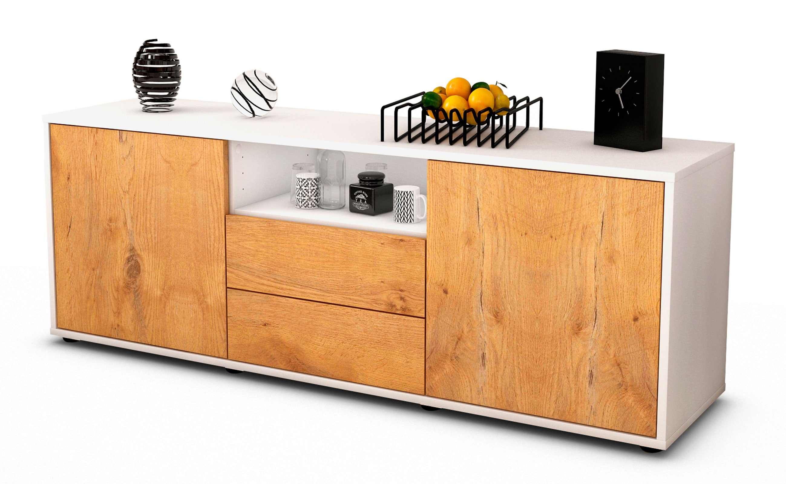 Lowboard - Ameriga - Design Holzdekor - Freistehend mit Push to Open 136 cm Weiss