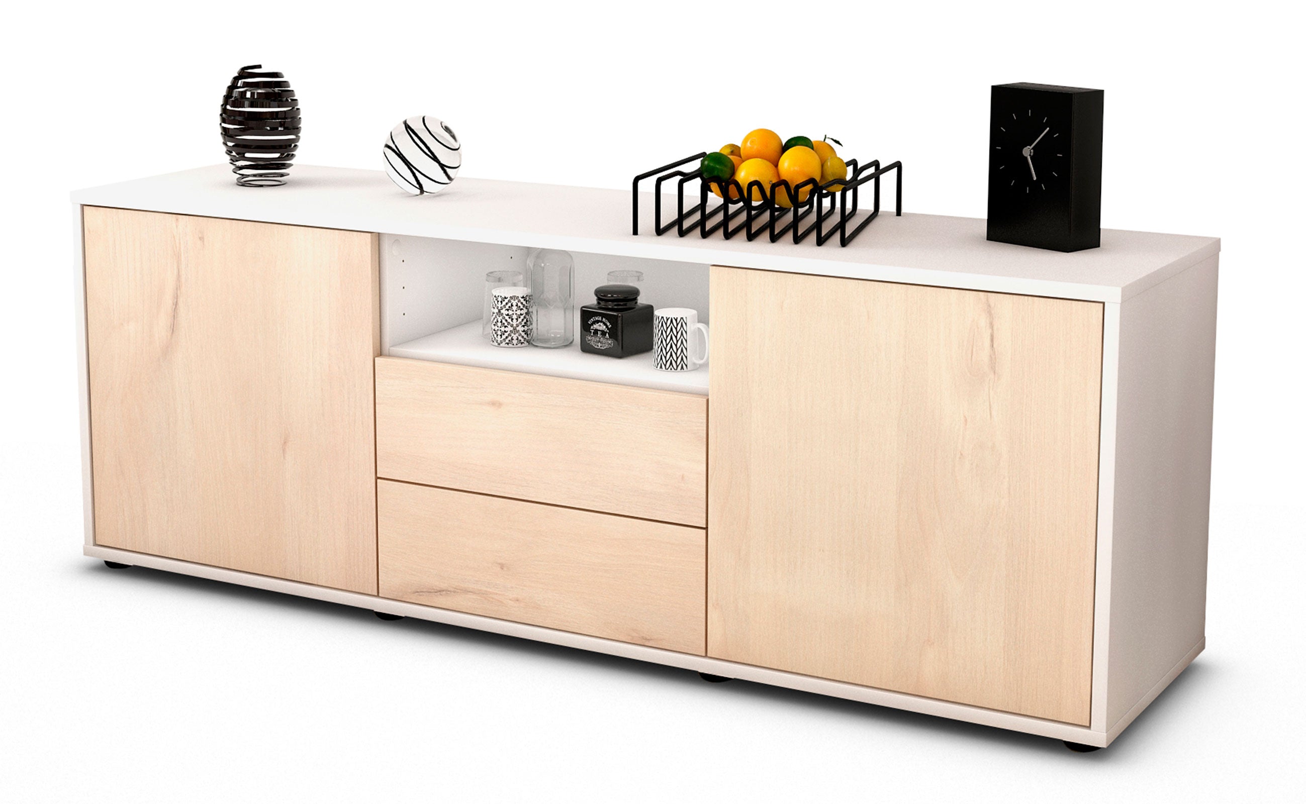 Lowboard - Ameriga - Design Holzdekor - Freistehend mit Push to Open 136 cm Weiss