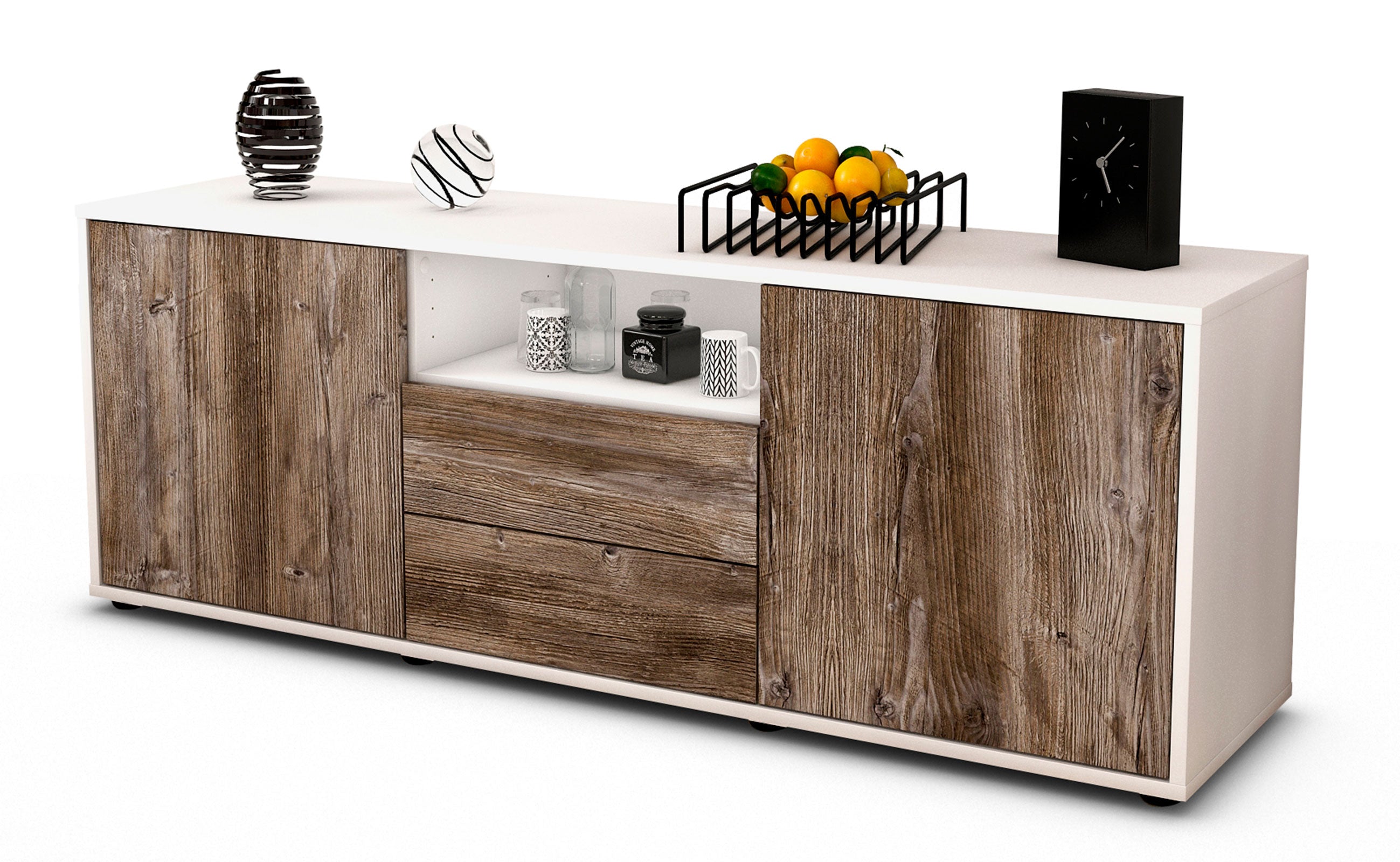 Lowboard - Ameriga - Design Holzdekor - Freistehend mit Push to Open 136 cm Weiss