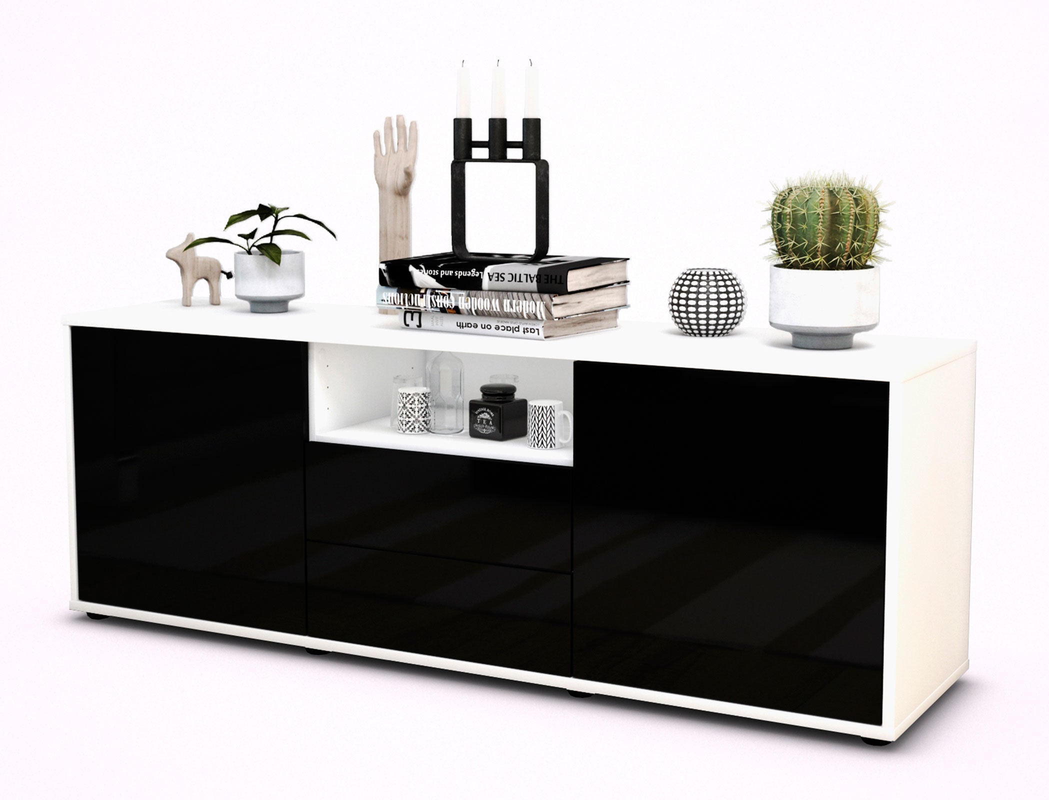 Lowboard - Ameriga - Design Hochglanz - Freistehend mit Push to Open 136 cm Weiss