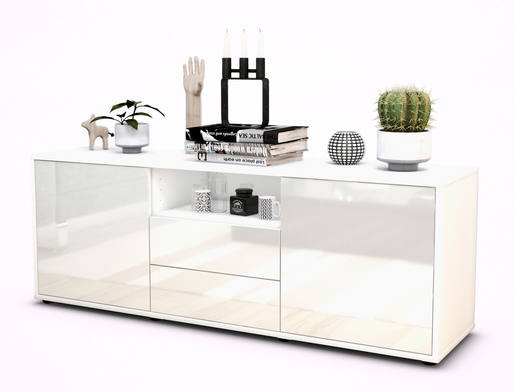 Lowboard - Ameriga - Design Hochglanz - Freistehend mit Push to Open 136 cm Weiss