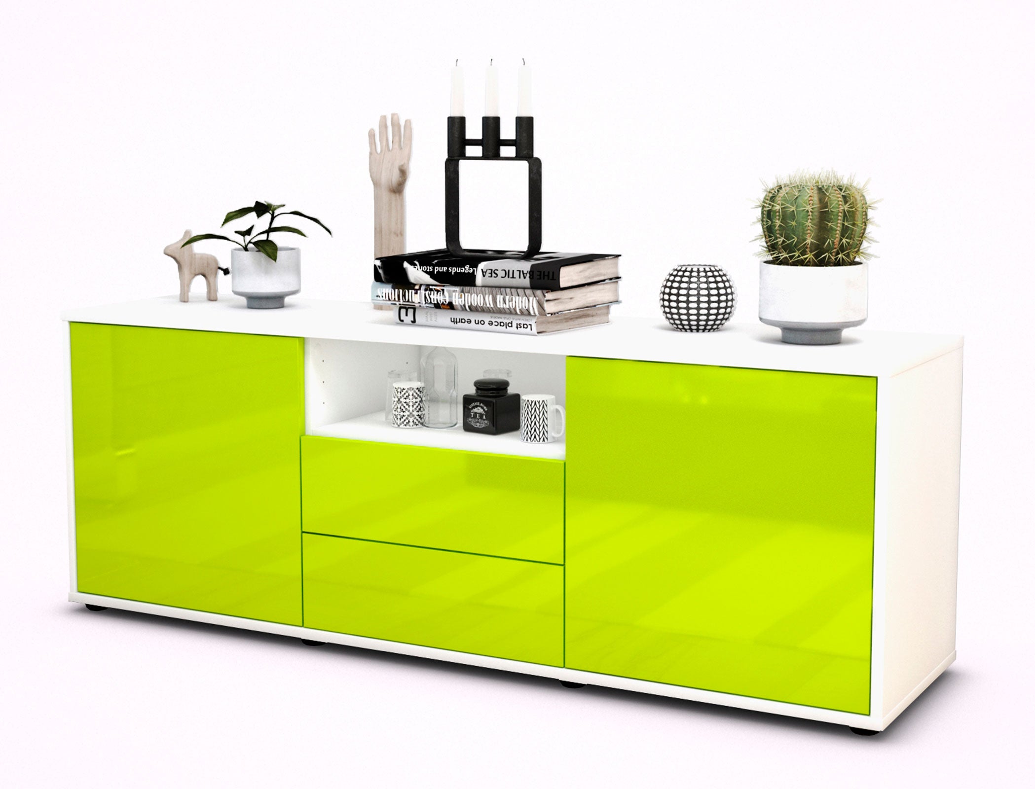 Lowboard - Ameriga - Design Hochglanz - Freistehend mit Push to Open 136 cm Weiss