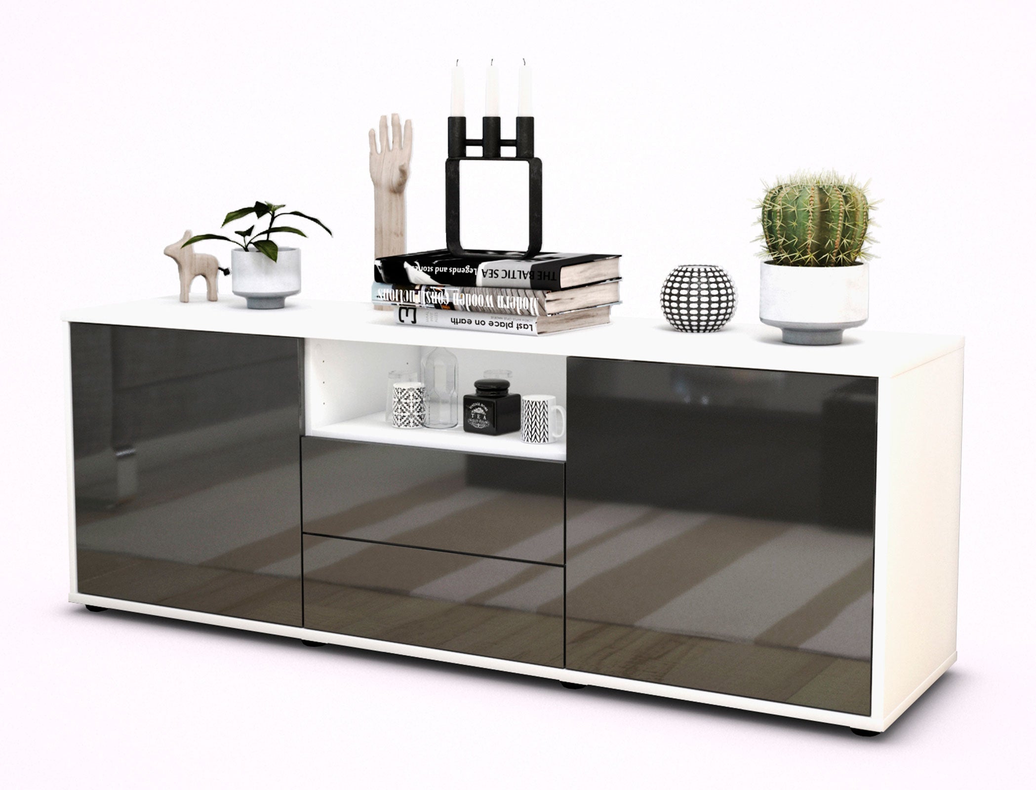 Lowboard - Ameriga - Design Hochglanz - Freistehend mit Push to Open 136 cm Weiss