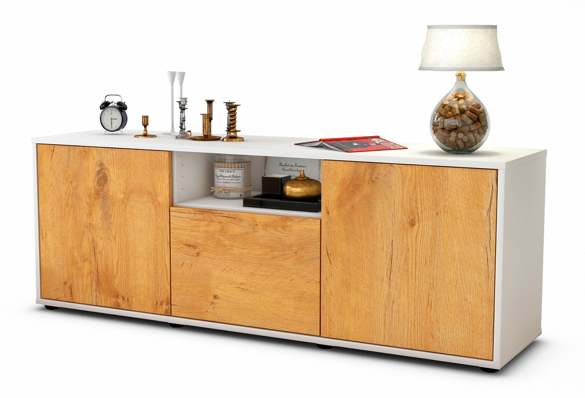 Lowboard - Andreana - Design Holzdekor - Freistehend mit Push to Open 136 cm Weiss