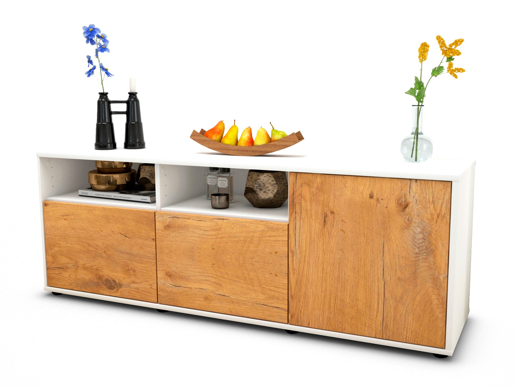 Lowboard - Anina - Design Holzdekor - Freistehend mit Push to Open 136 cm Weiss