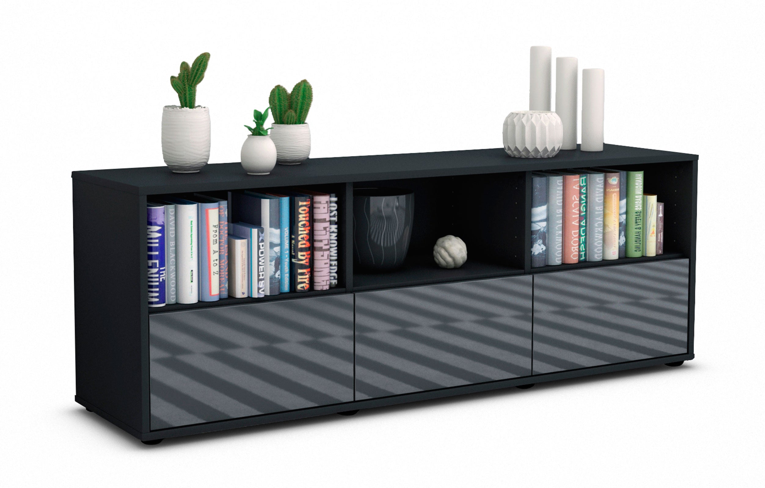 Lowboard - Amalia - Design Hochglanz - Freistehend mit Push to Open 136 cm Anthrazit