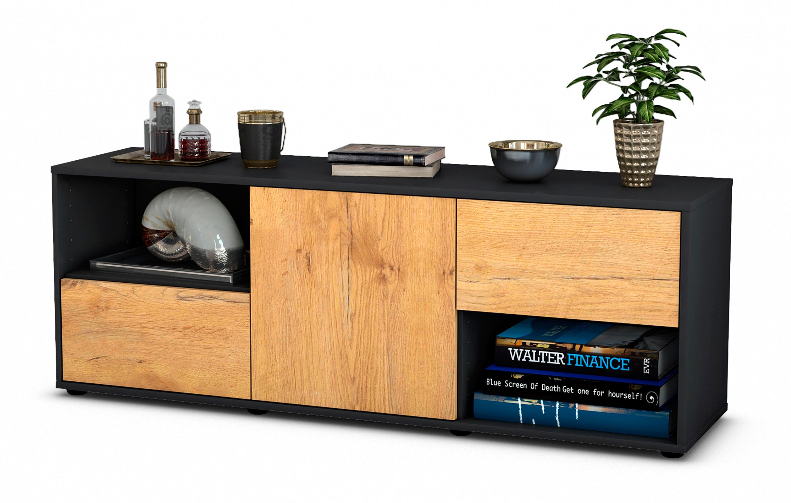 Lowboard - Ambra - Design Holzdekor - Freistehend mit Push to Open 136 cm Anthrazit