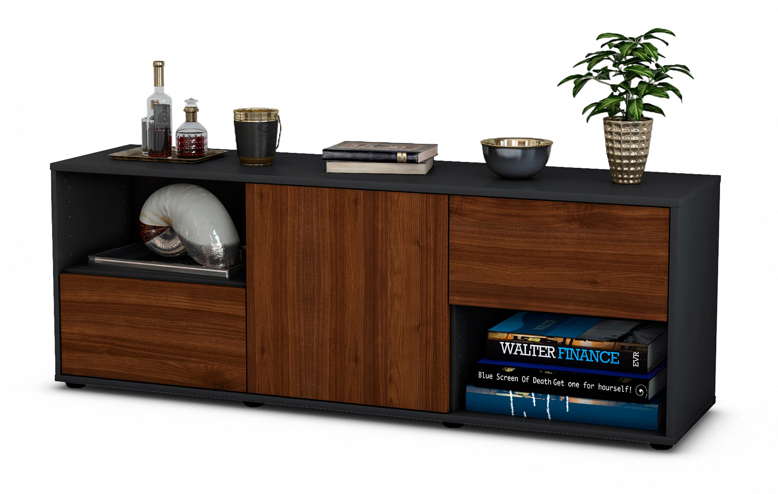 Lowboard - Ambra - Design Holzdekor - Freistehend mit Push to Open 136 cm Anthrazit