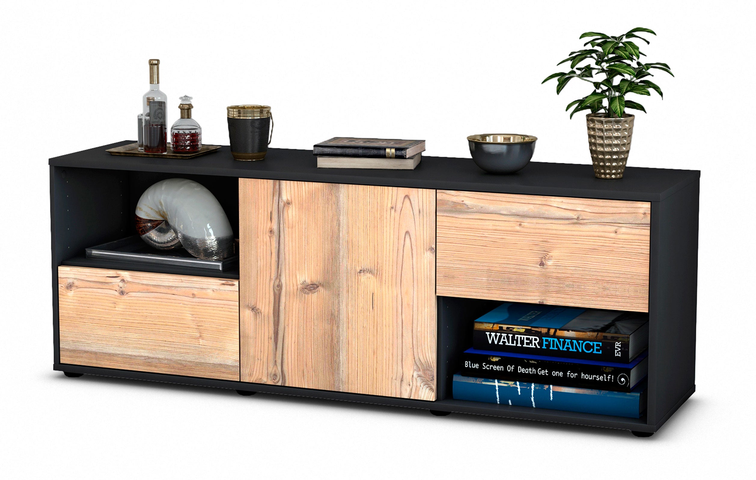 Lowboard - Ambra - Design Holzdekor - Freistehend mit Push to Open 136 cm Anthrazit