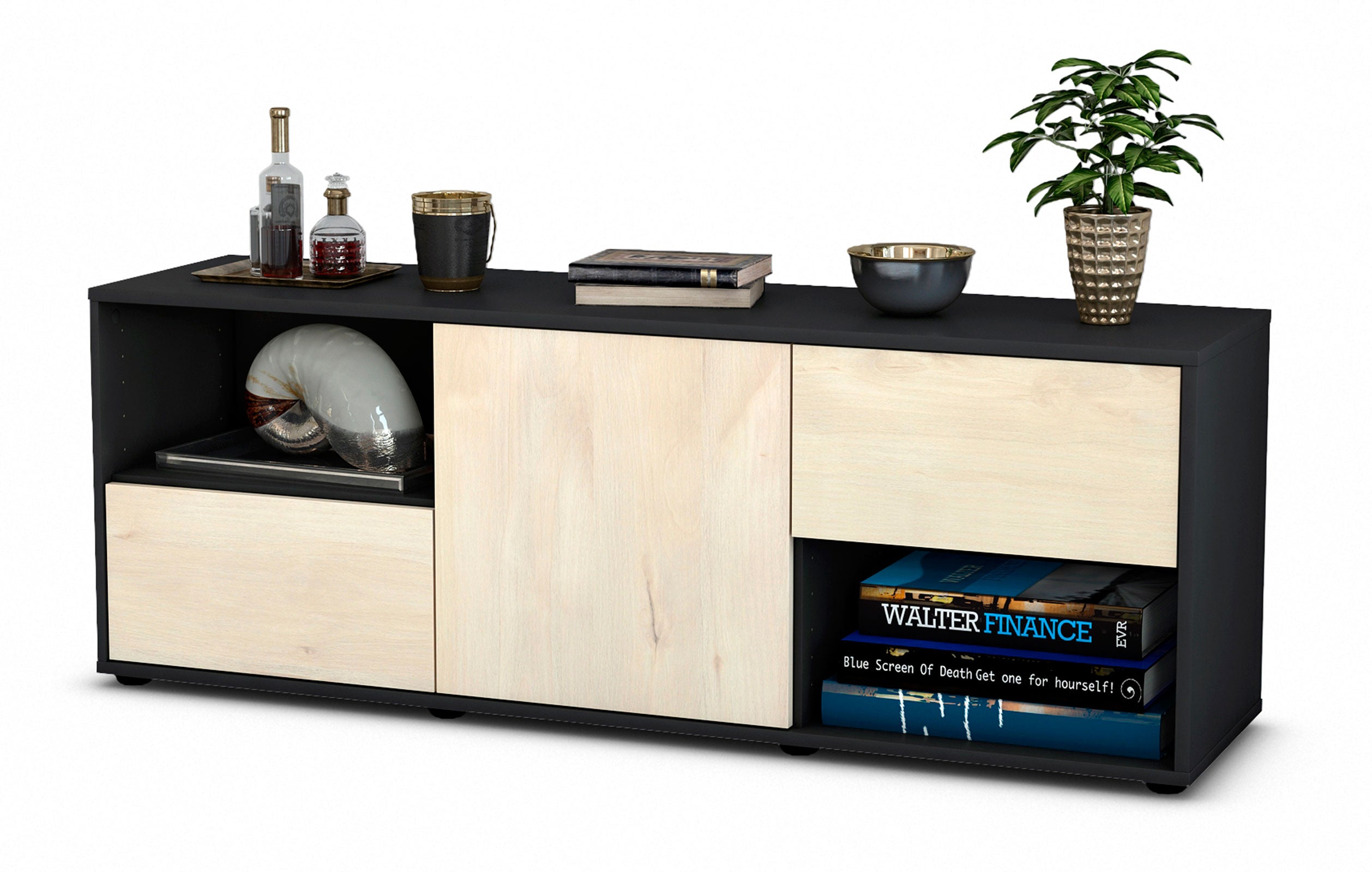 Lowboard - Ambra - Design Holzdekor - Freistehend mit Push to Open 136 cm Anthrazit