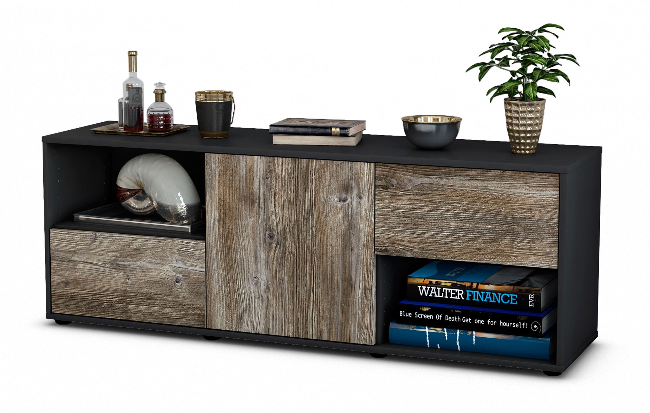 Lowboard - Ambra - Design Holzdekor - Freistehend mit Push to Open 136 cm Anthrazit