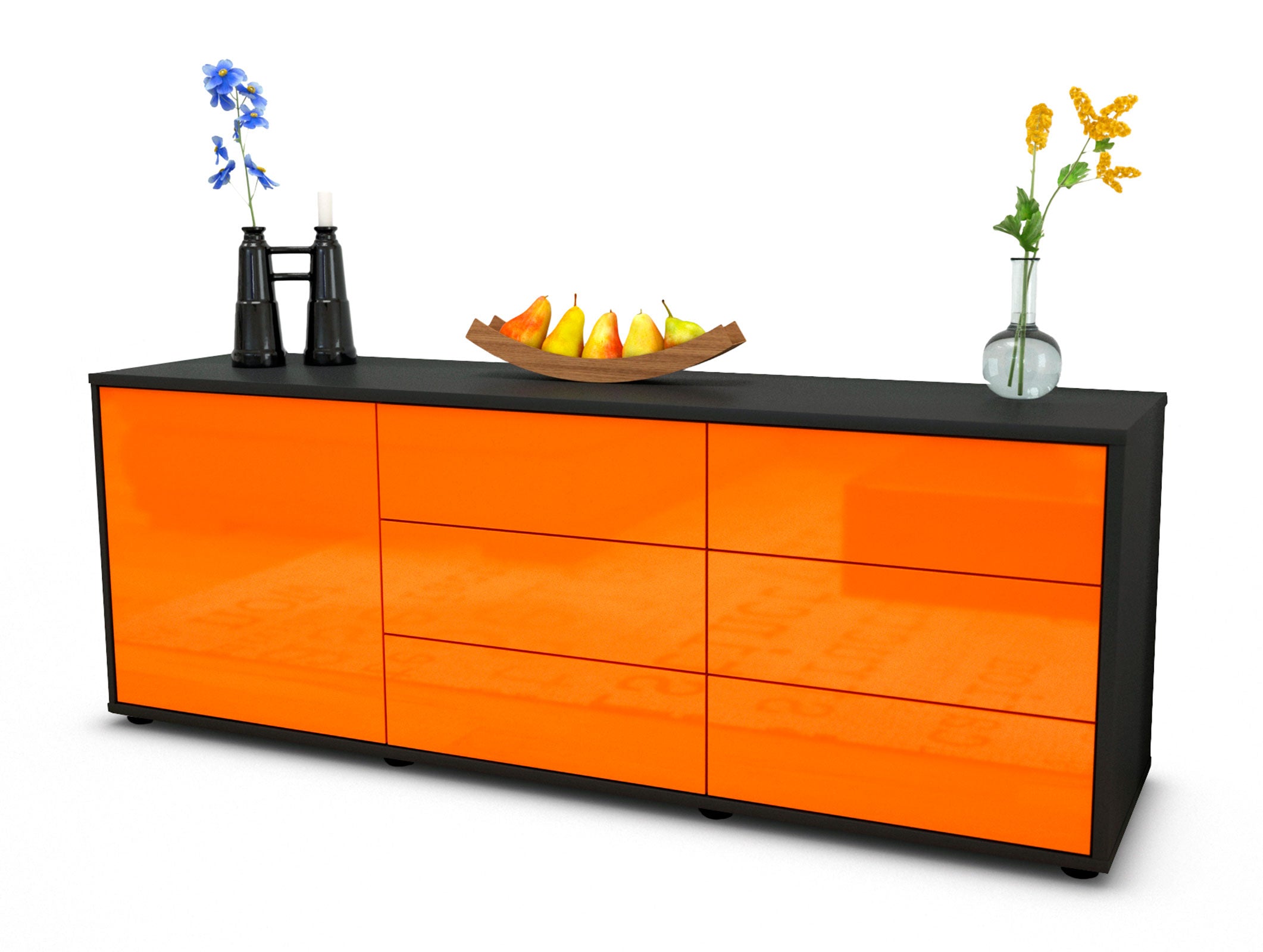 Lowboard - Amedea - Design Hochglanz - Freistehend mit Push to Open 136 cm Anthrazit