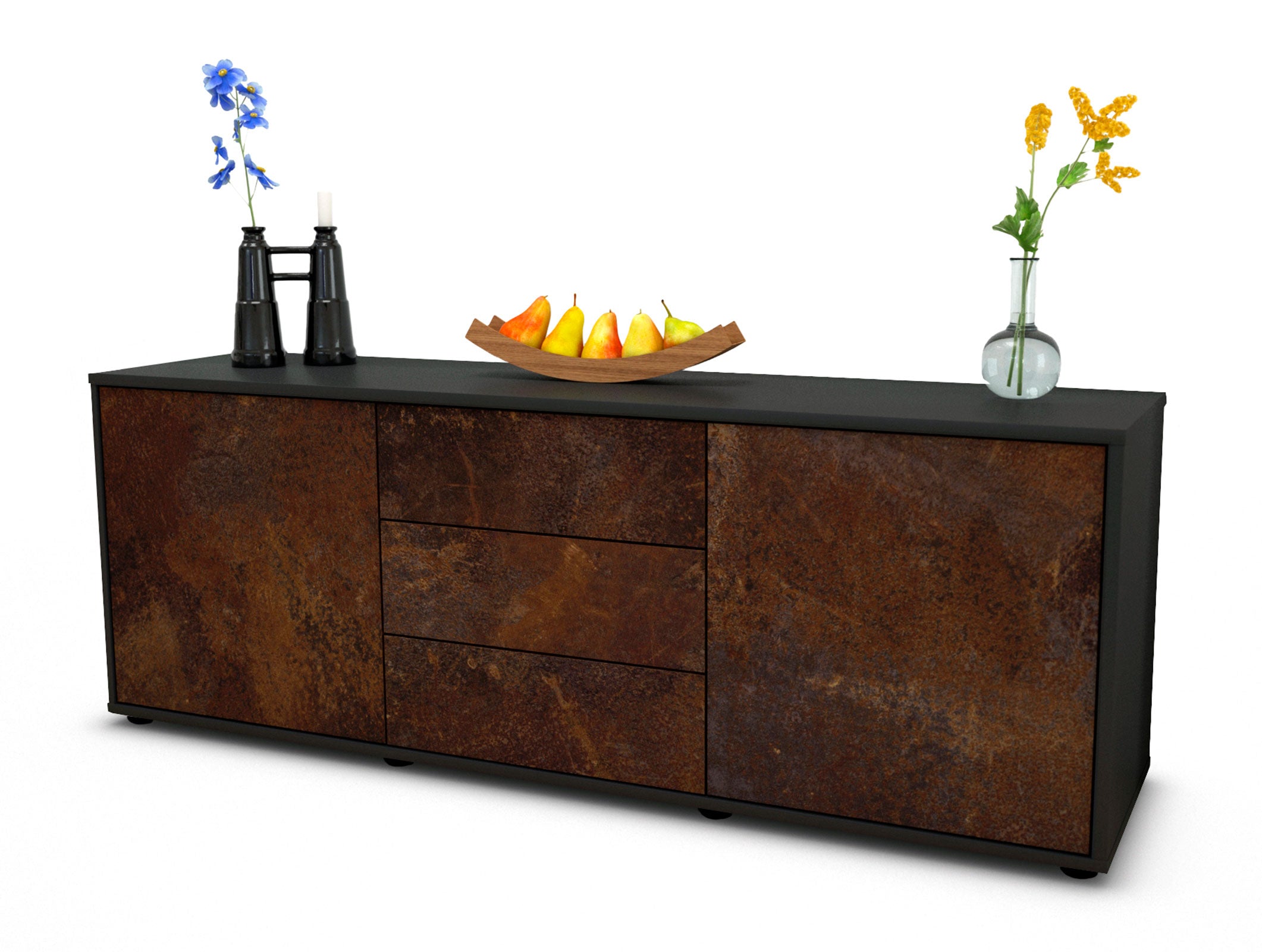Lowboard - Ameline - Design Industrie Stil - Freistehend mit Push to Open 136 cm Anthrazit