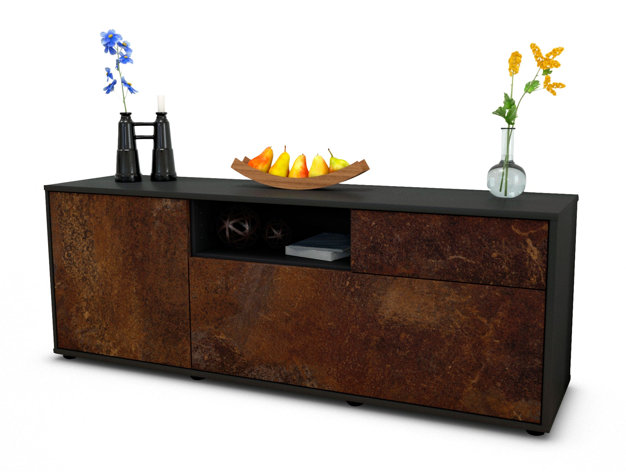 Lowboard - Amila - Design Industrie Stil - Freistehend mit Push to Open 136 cm Anthrazit
