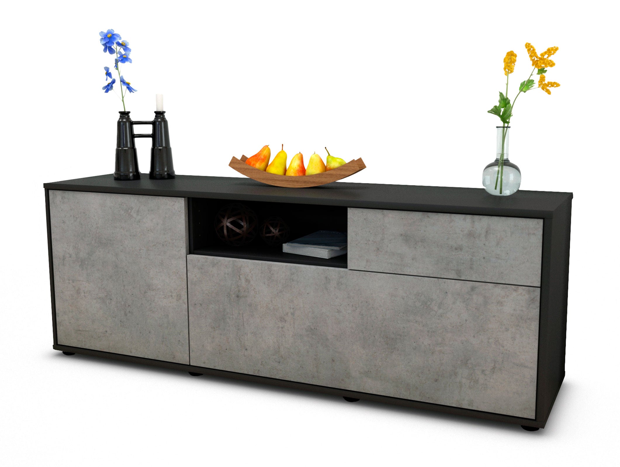 Lowboard - Amila - Design Industrie Stil - Freistehend mit Push to Open 136 cm Anthrazit