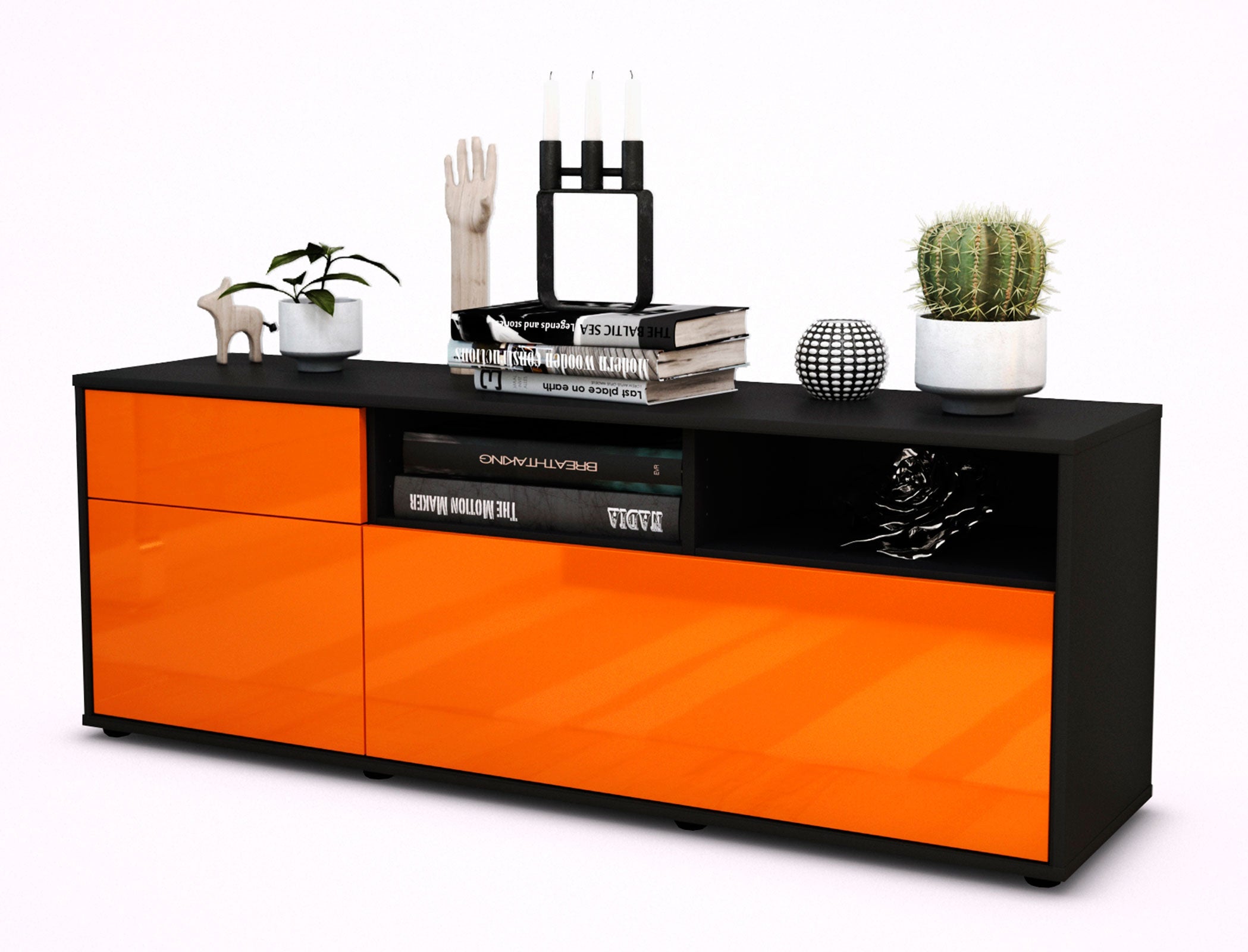 Lowboard - Amisa - Design Hochglanz - Freistehend mit Push to Open 136 cm Anthrazit