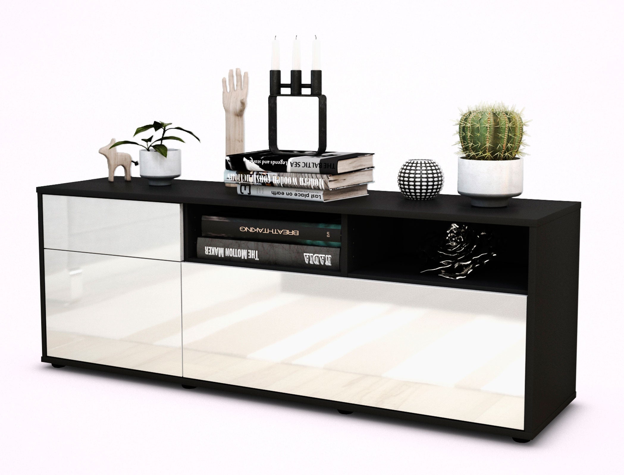 Lowboard - Amisa - Design Hochglanz - Freistehend mit Push to Open 136 cm Anthrazit