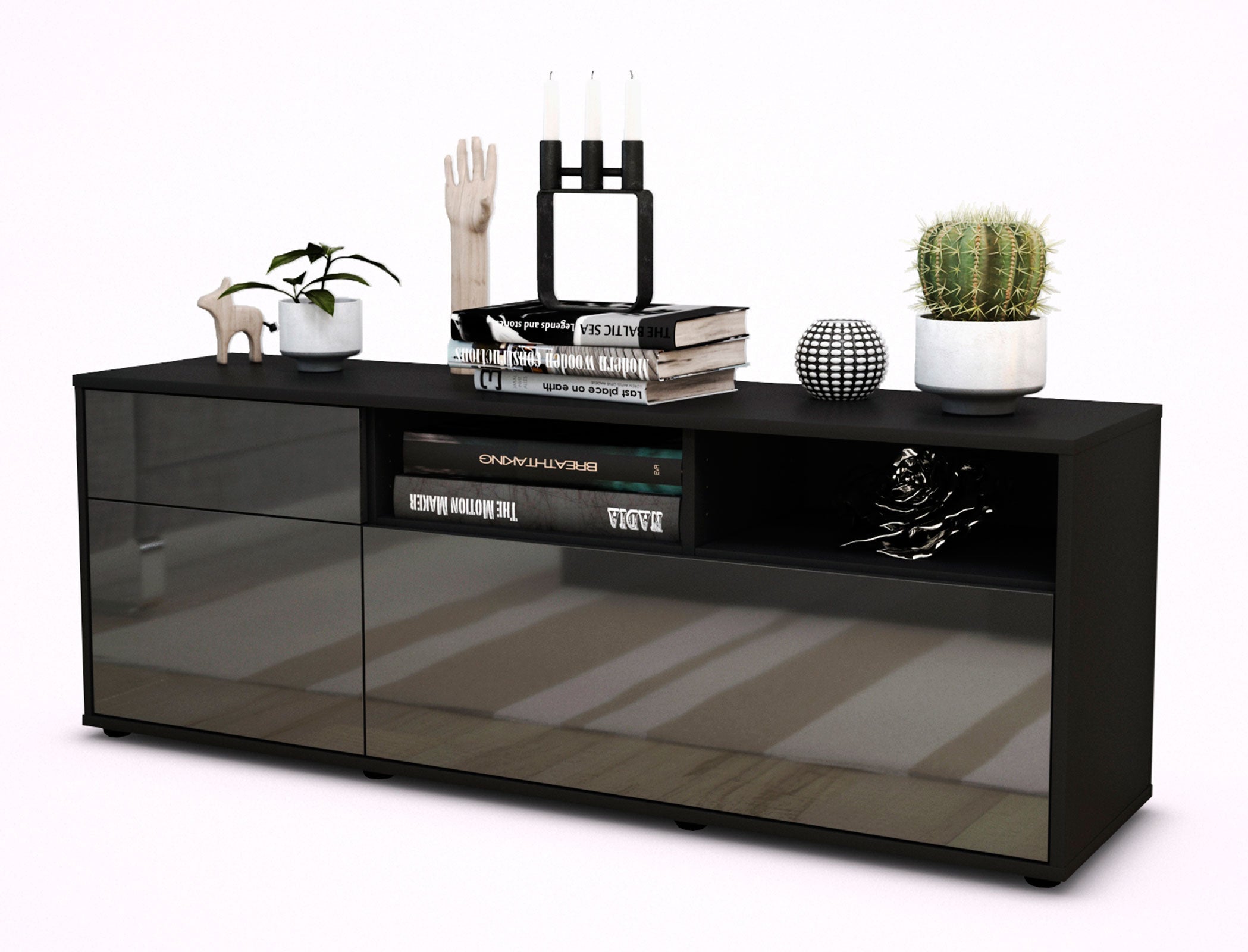 Lowboard - Amisa - Design Hochglanz - Freistehend mit Push to Open 136 cm Anthrazit