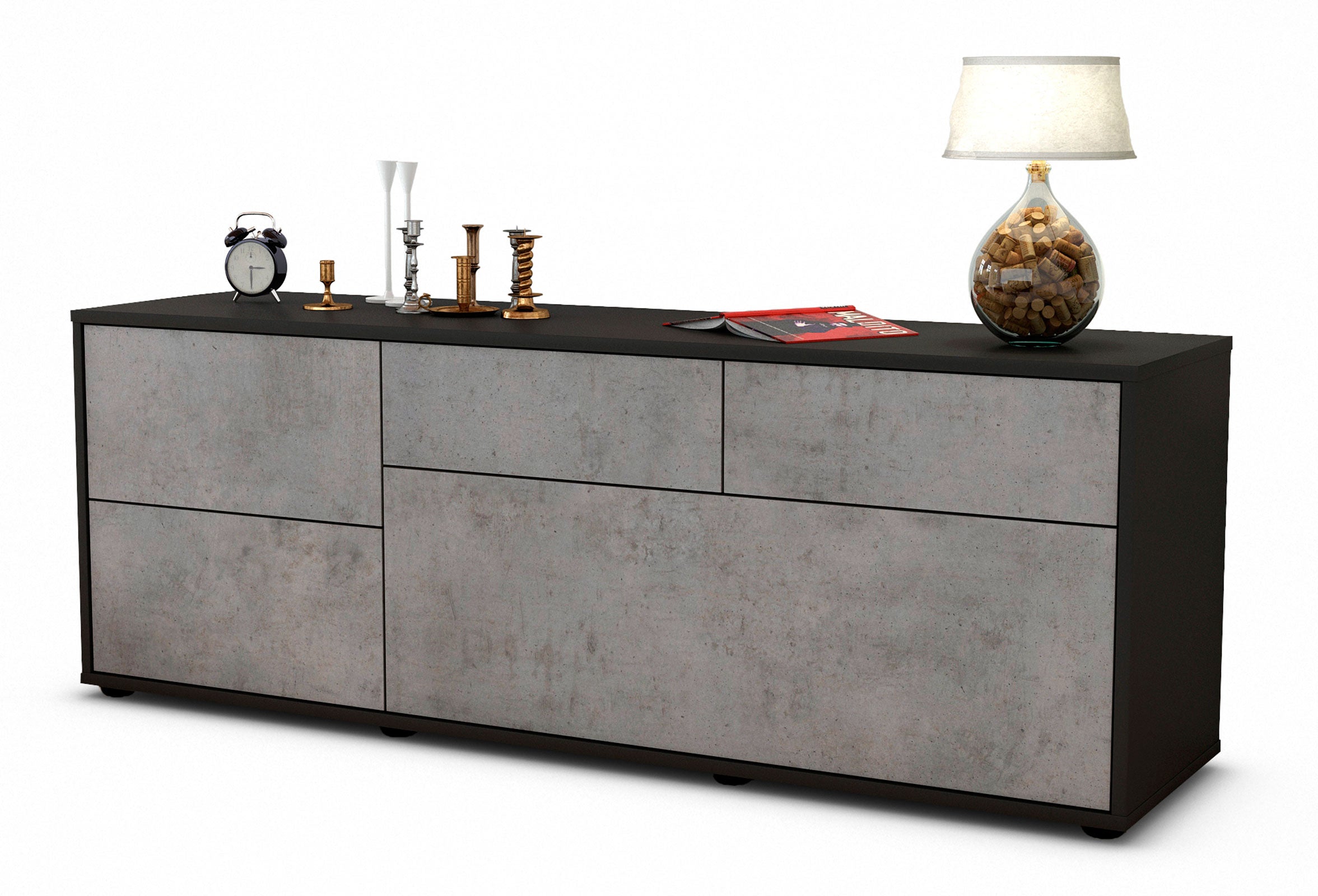 Lowboard - Anais - Design Industrie Stil - Freistehend mit Push to Open 136 cm Anthrazit