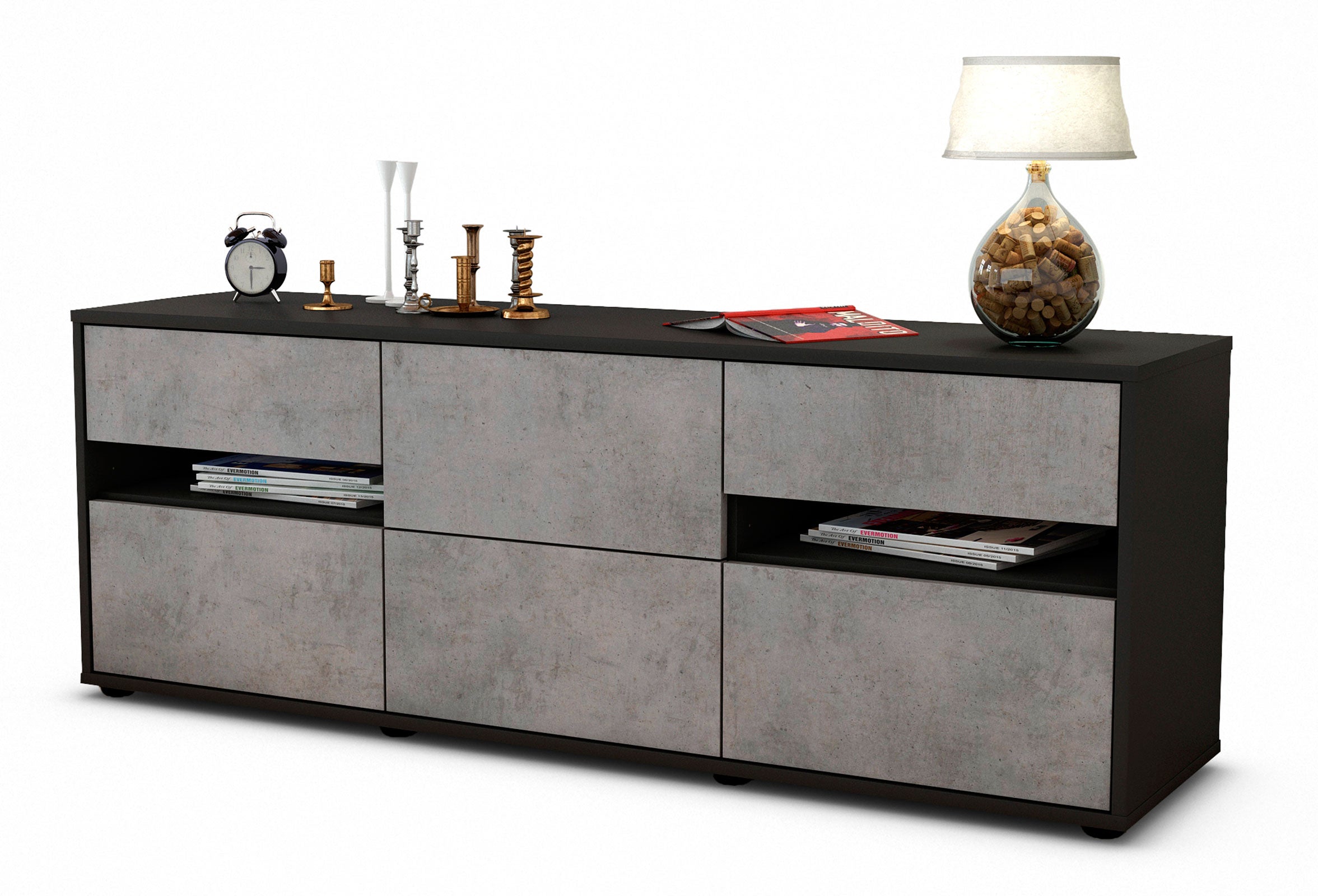 Lowboard - Andrea - Design Industrie Stil - Freistehend mit Push to Open 136 cm Anthrazit