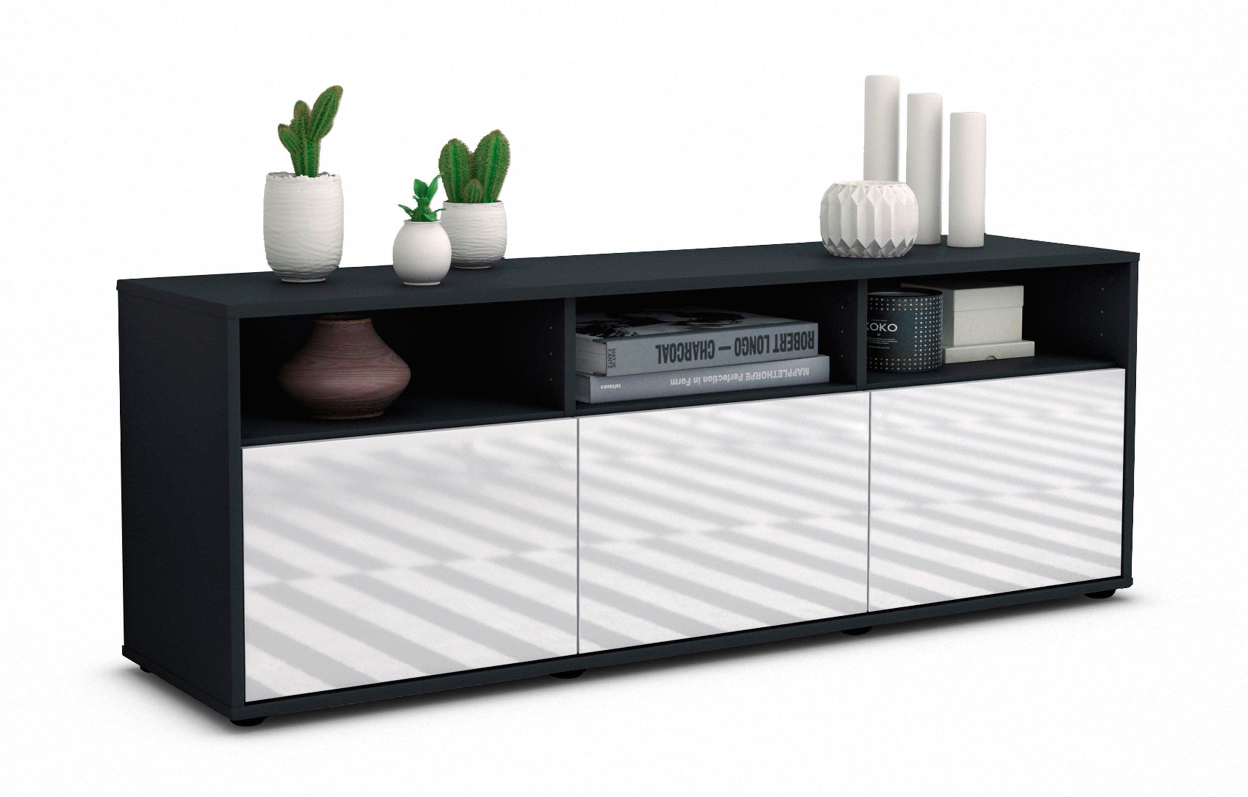 Lowboard - Andrina - Design Hochglanz - Freistehend mit Push to Open 136 cm Anthrazit
