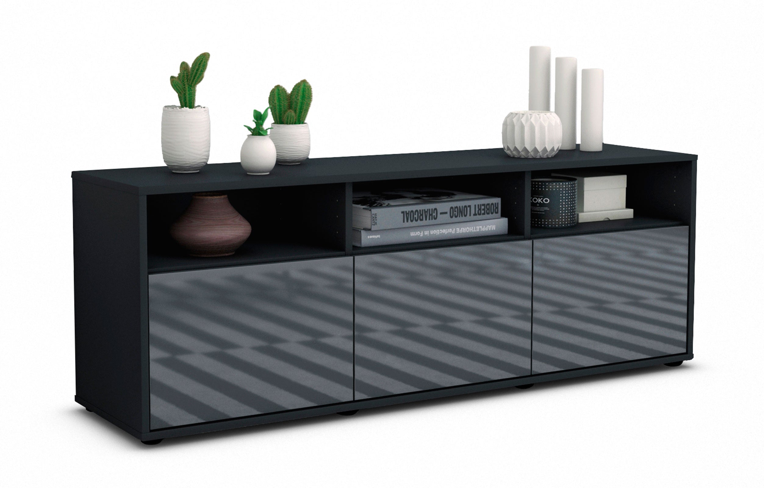 Lowboard - Andrina - Design Hochglanz - Freistehend mit Push to Open 136 cm Anthrazit