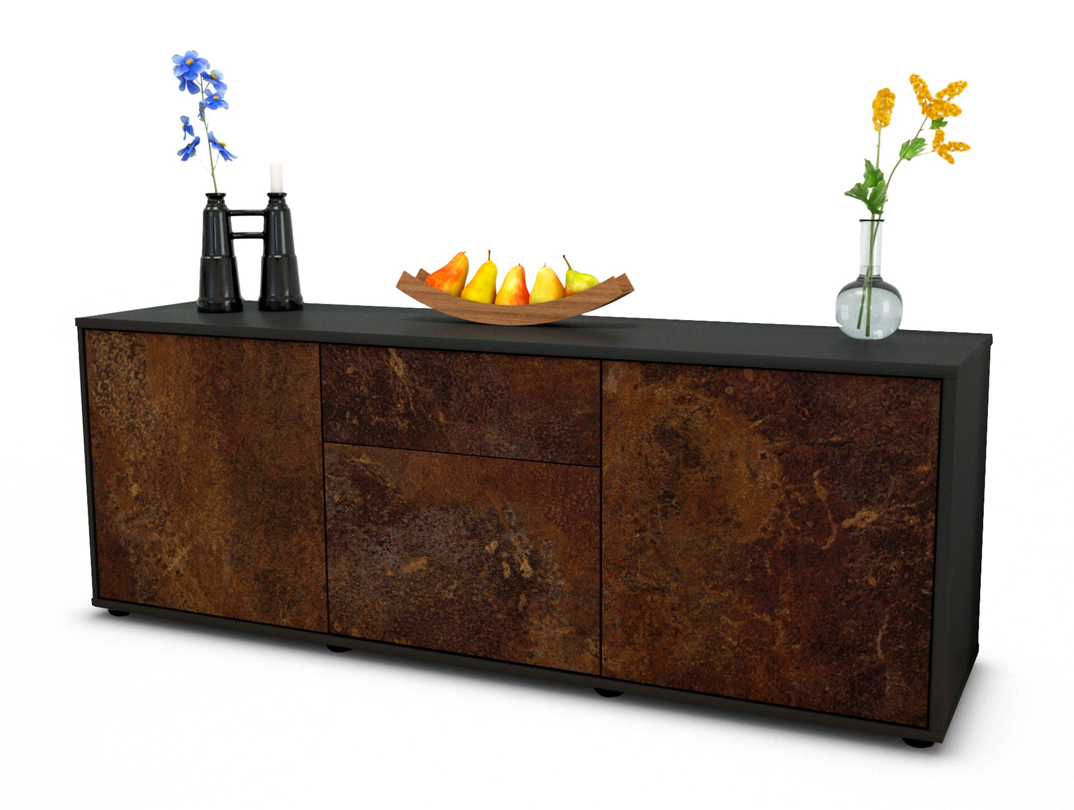Lowboard - Anella - Design Industrie Stil - Freistehend mit Push to Open 136 cm Anthrazit