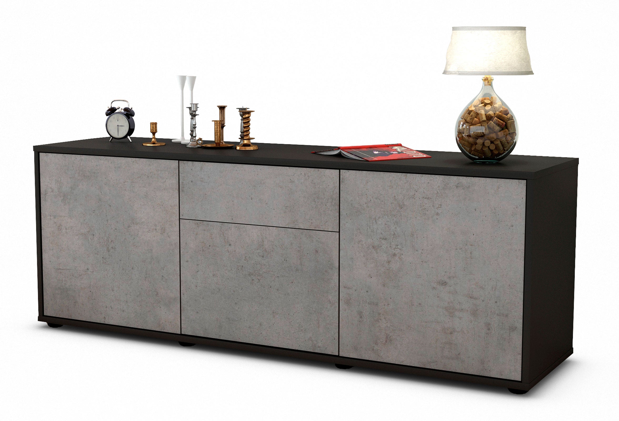 Lowboard - Anella - Design Industrie Stil - Freistehend mit Push to Open 136 cm Anthrazit