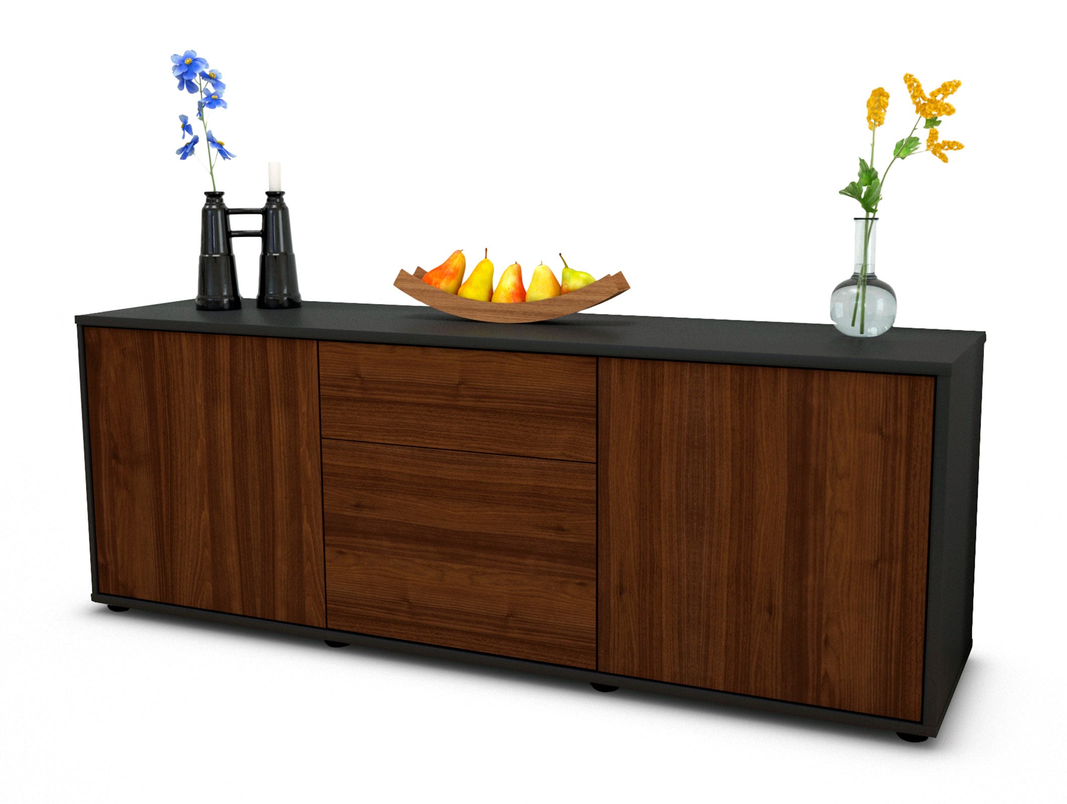 Lowboard - Anella - Design Holzdekor - Freistehend mit Push to Open 136 cm Anthrazit