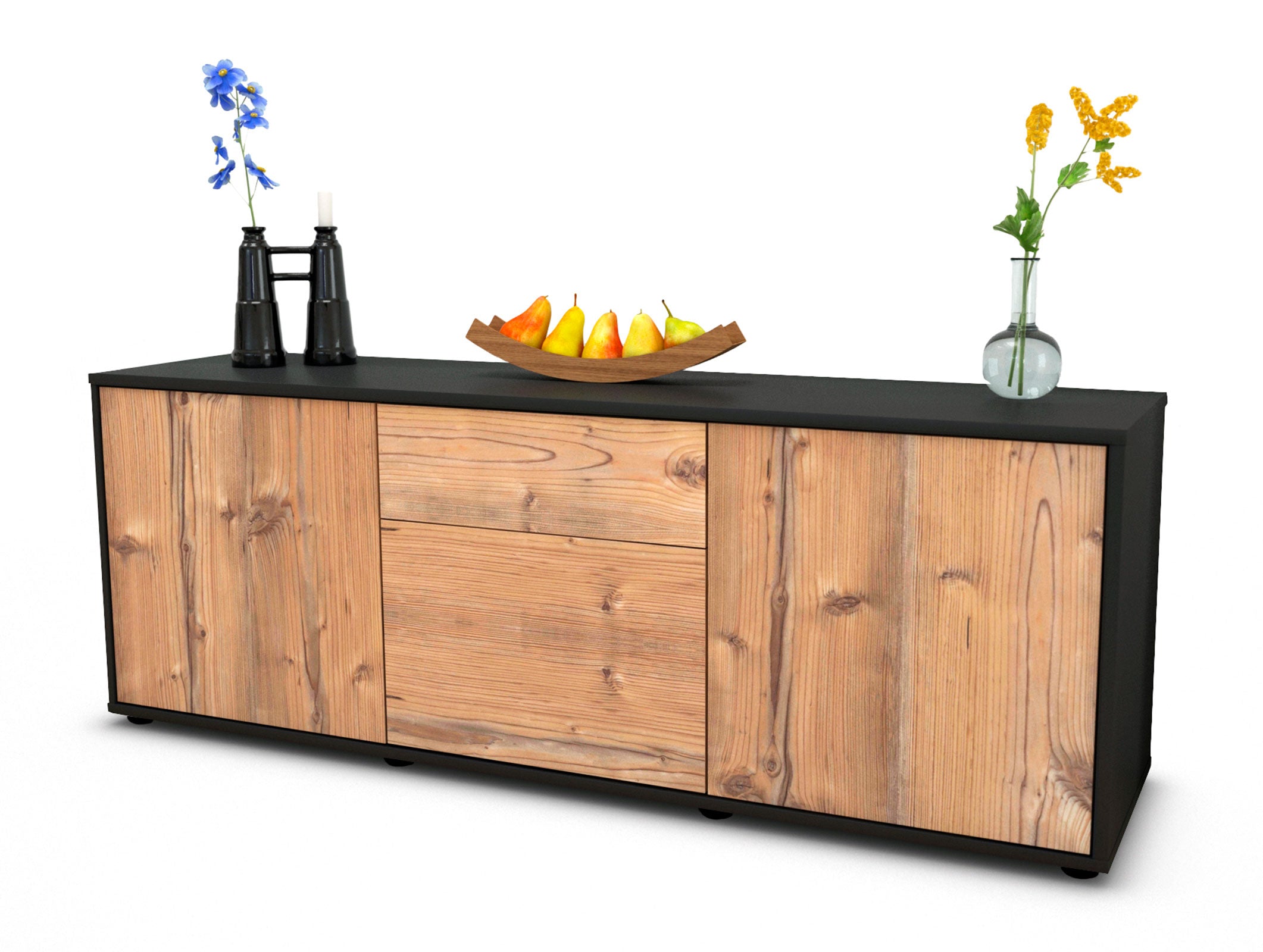 Lowboard - Anella - Design Holzdekor - Freistehend mit Push to Open 136 cm Anthrazit