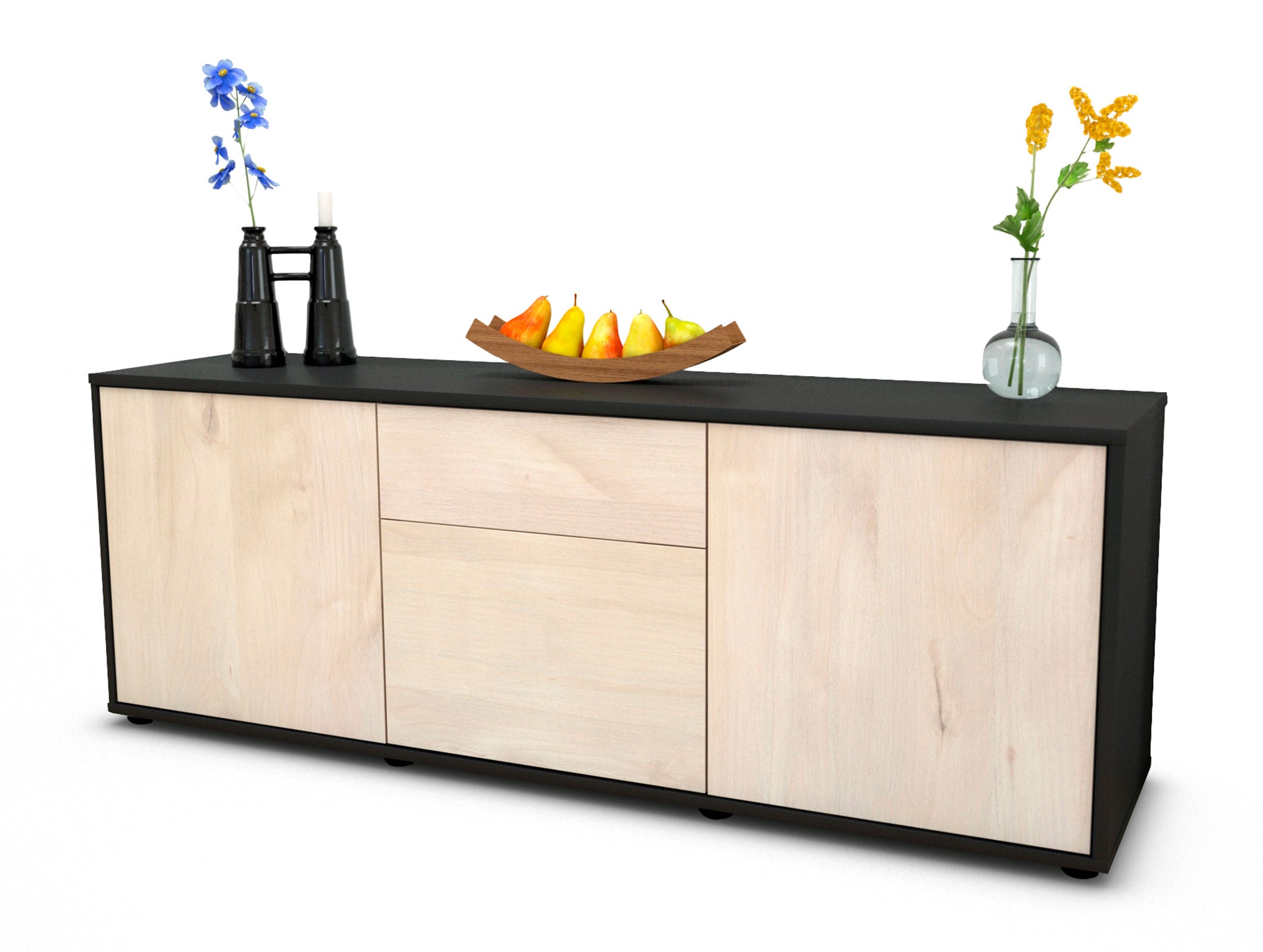 Lowboard - Anella - Design Holzdekor - Freistehend mit Push to Open 136 cm Anthrazit