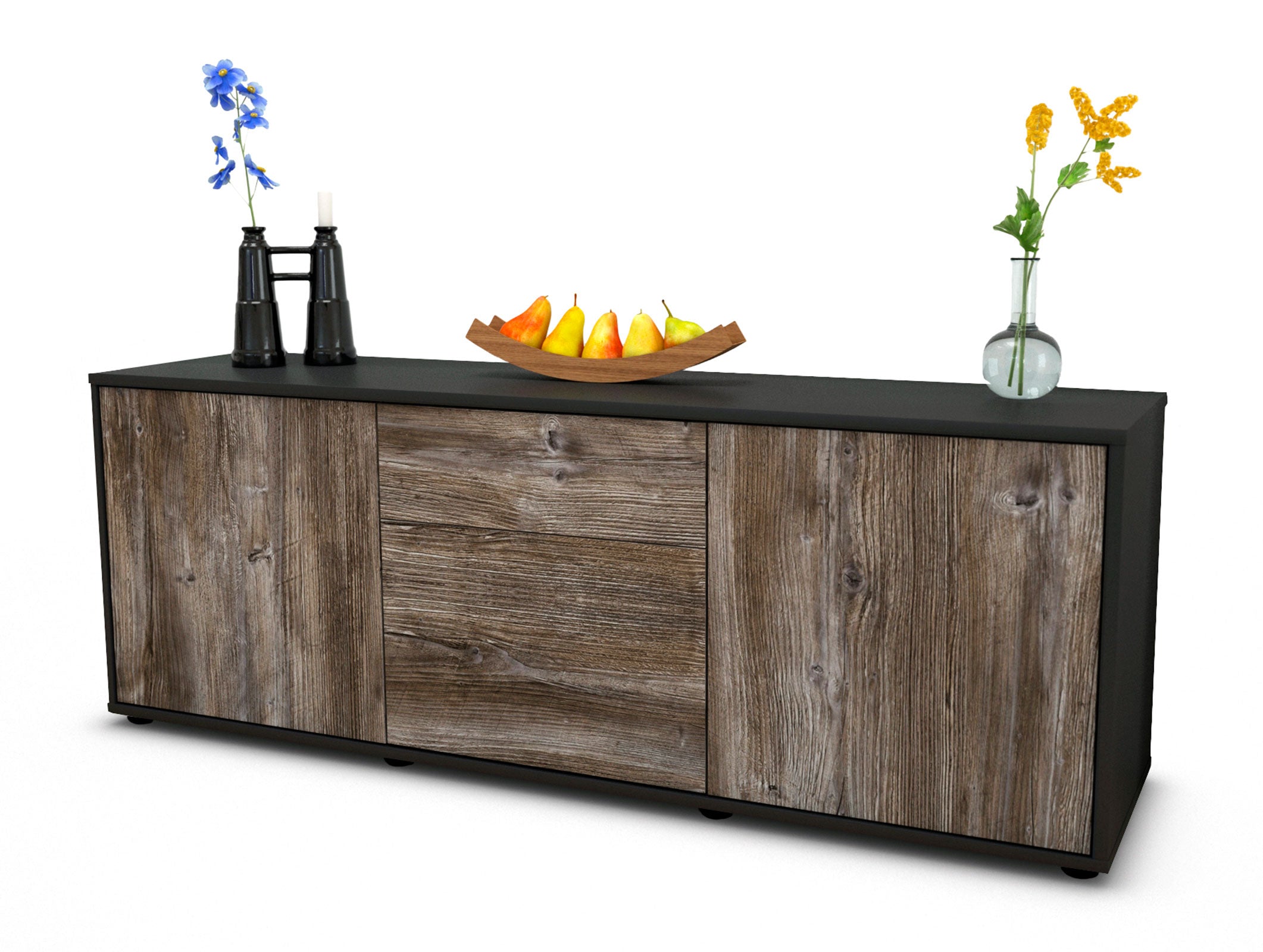 Lowboard - Anella - Design Holzdekor - Freistehend mit Push to Open 136 cm Anthrazit