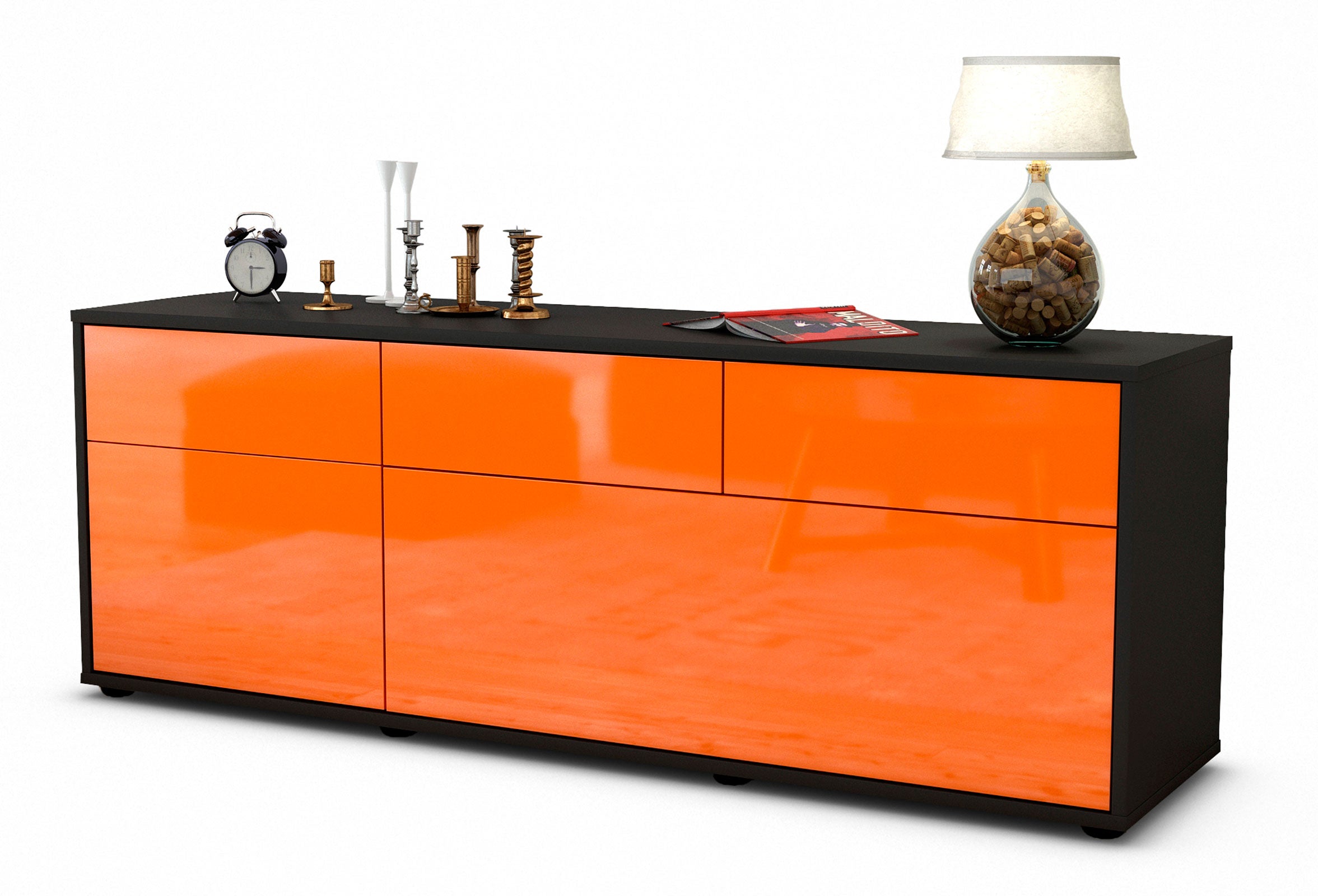 Lowboard - Anjelika - Design Hochglanz - Freistehend mit Push to Open 136 cm Anthrazit