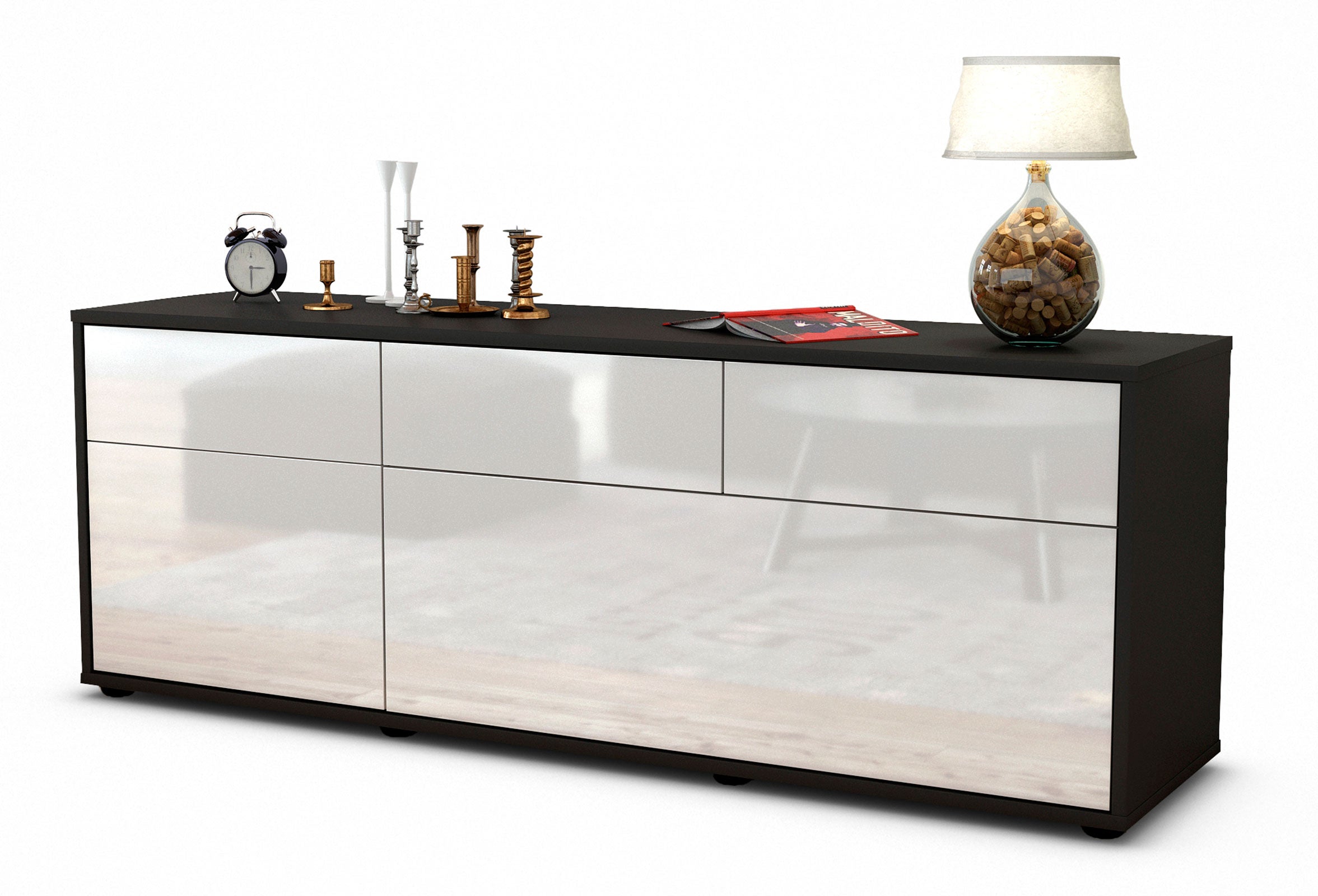 Lowboard - Anjelika - Design Hochglanz - Freistehend mit Push to Open 136 cm Anthrazit
