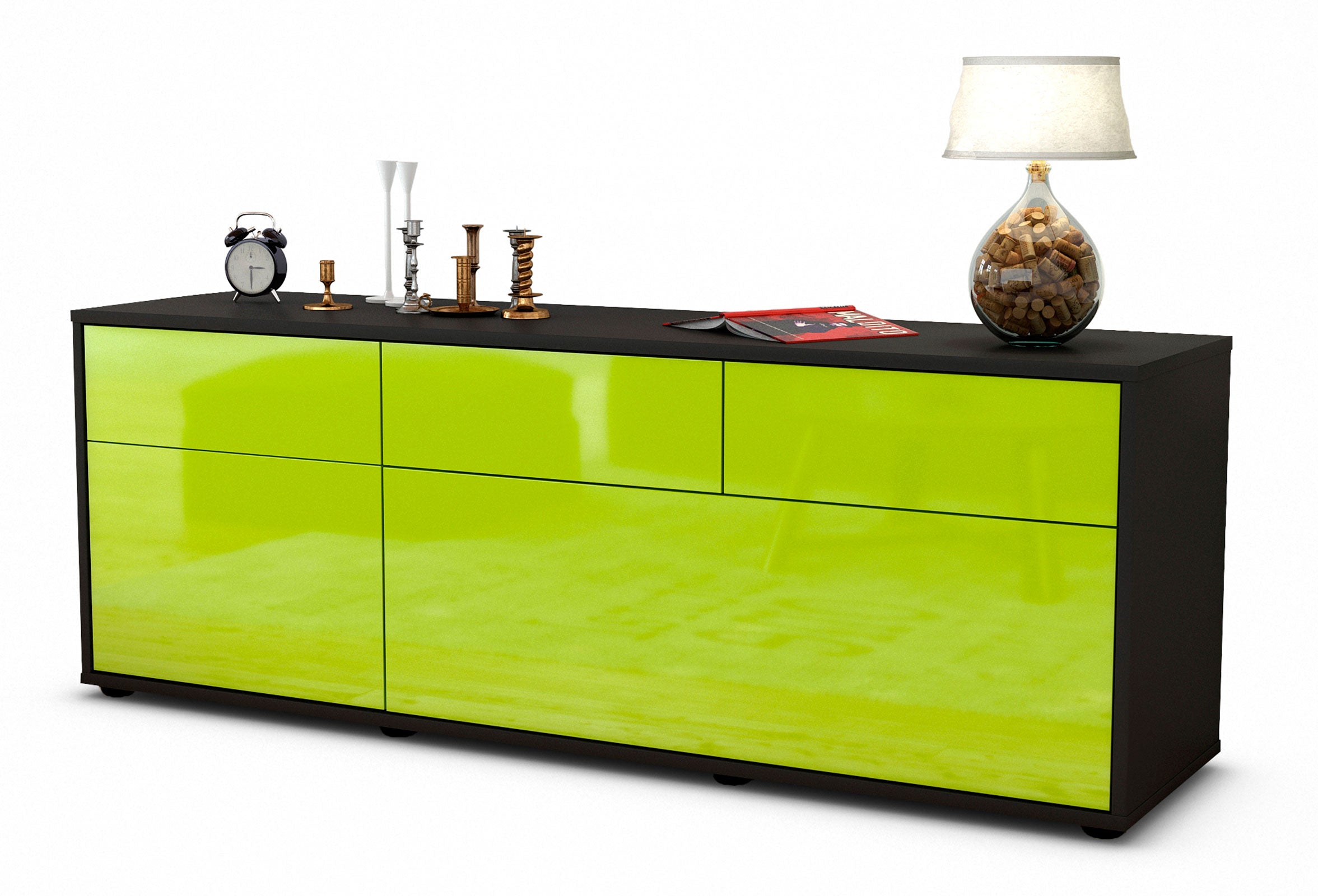 Lowboard - Anjelika - Design Hochglanz - Freistehend mit Push to Open 136 cm Anthrazit