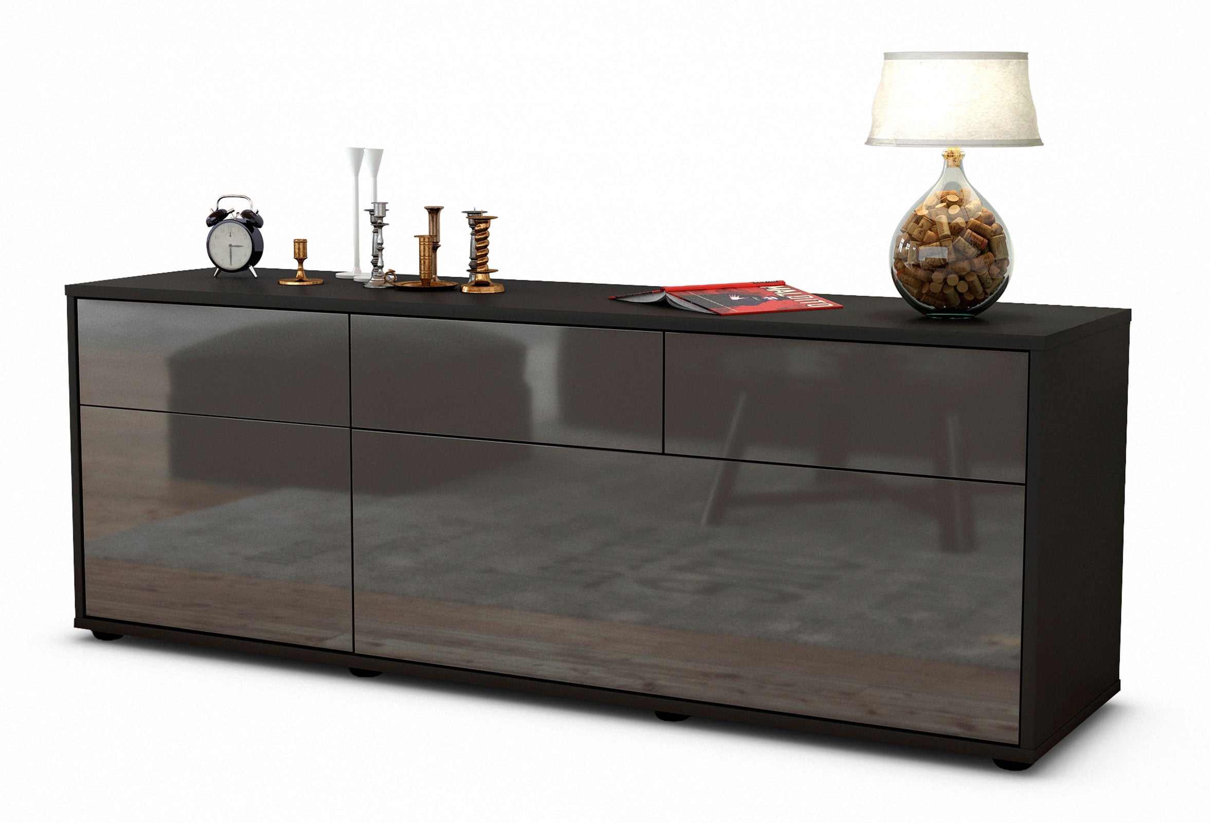 Lowboard - Anjelika - Design Hochglanz - Freistehend mit Push to Open 136 cm Anthrazit