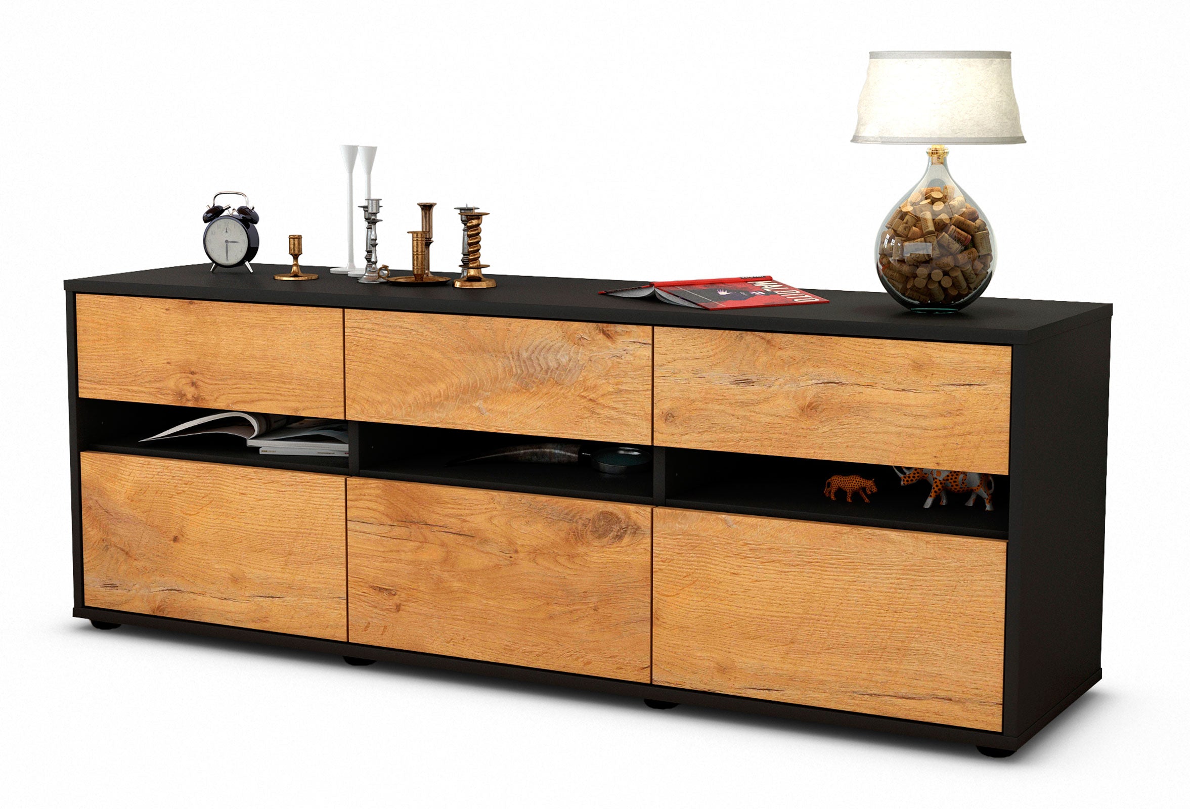 Lowboard - Annalena - Design Holzdekor - Freistehend mit Push to Open 136 cm Anthrazit