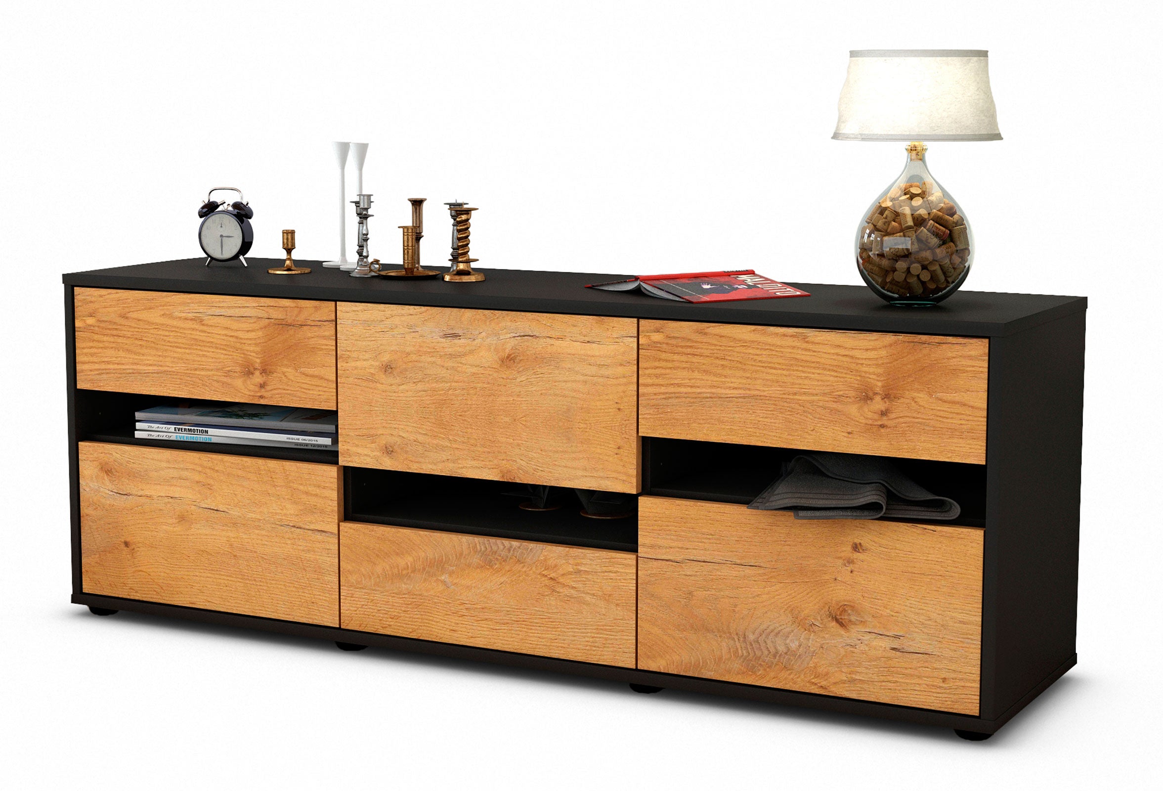 Lowboard - Annalisa - Design Holzdekor - Freistehend mit Push to Open 136 cm Anthrazit