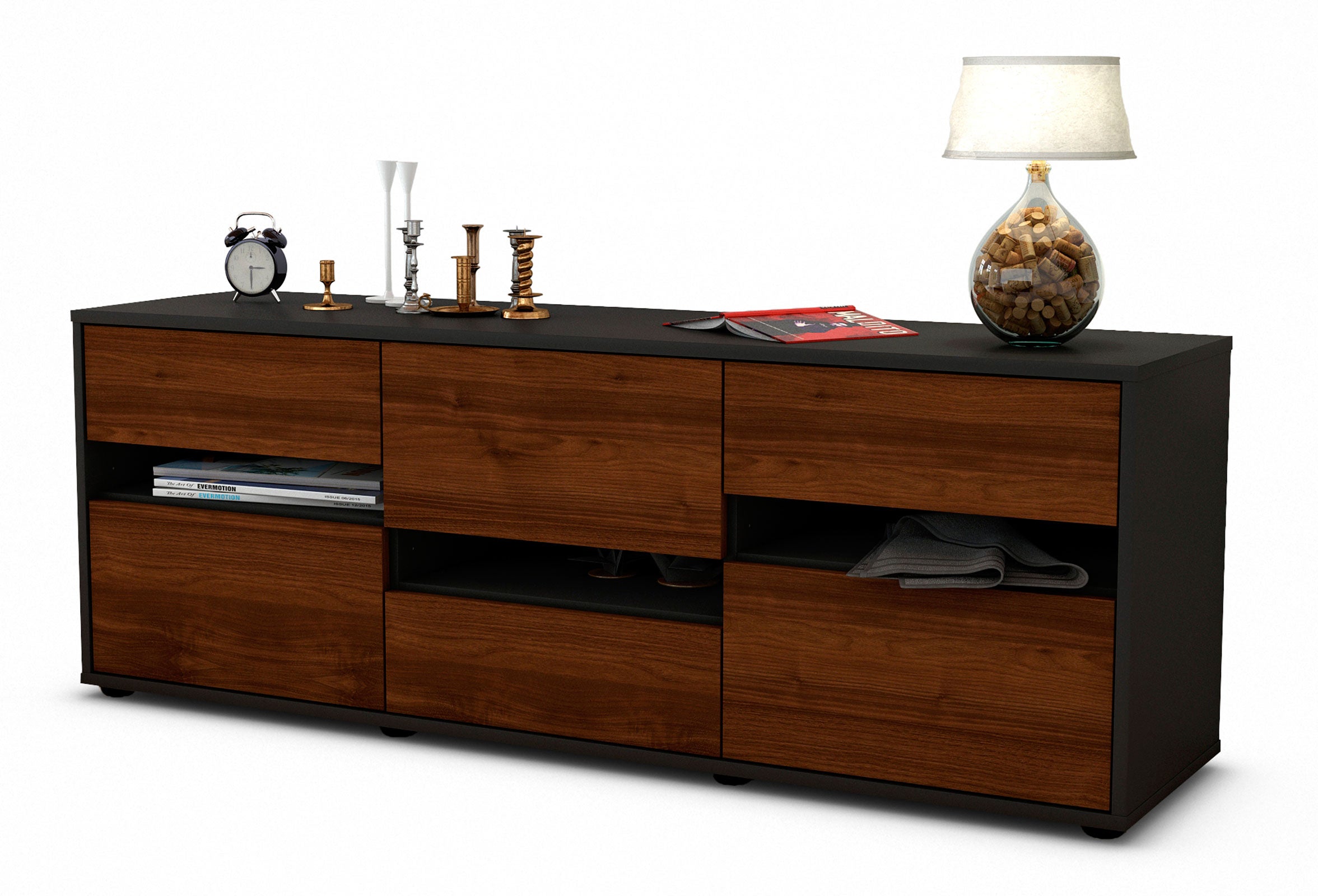 Lowboard - Annalisa - Design Holzdekor - Freistehend mit Push to Open 136 cm Anthrazit