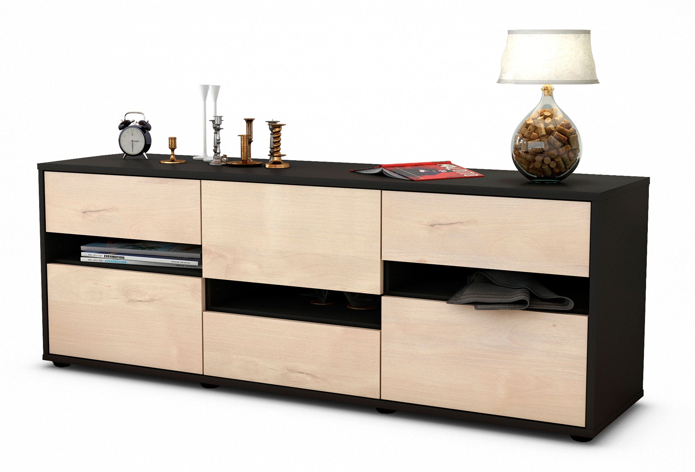 Lowboard - Annalisa - Design Holzdekor - Freistehend mit Push to Open 136 cm Anthrazit