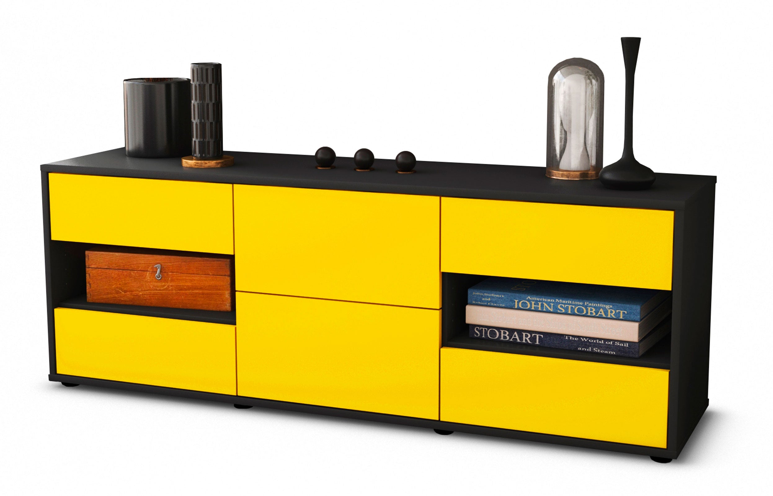 Lowboard - Anni - Design Farbakzent - Freistehend mit Push to Open 136 cm Anthrazit