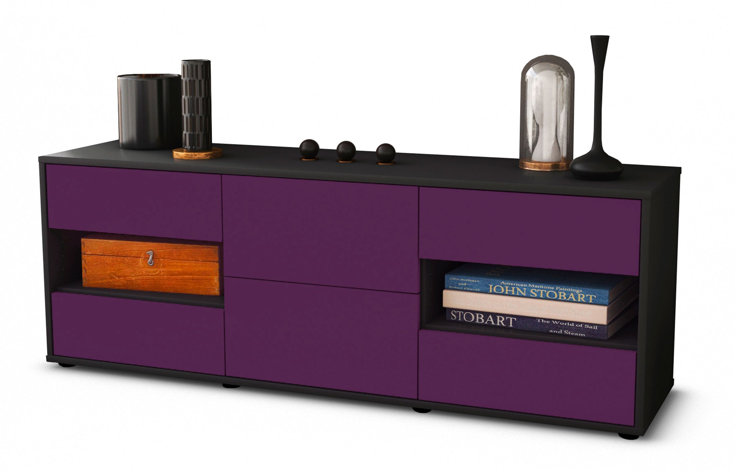 Lowboard - Anni - Design Farbakzent - Freistehend mit Push to Open 136 cm Anthrazit
