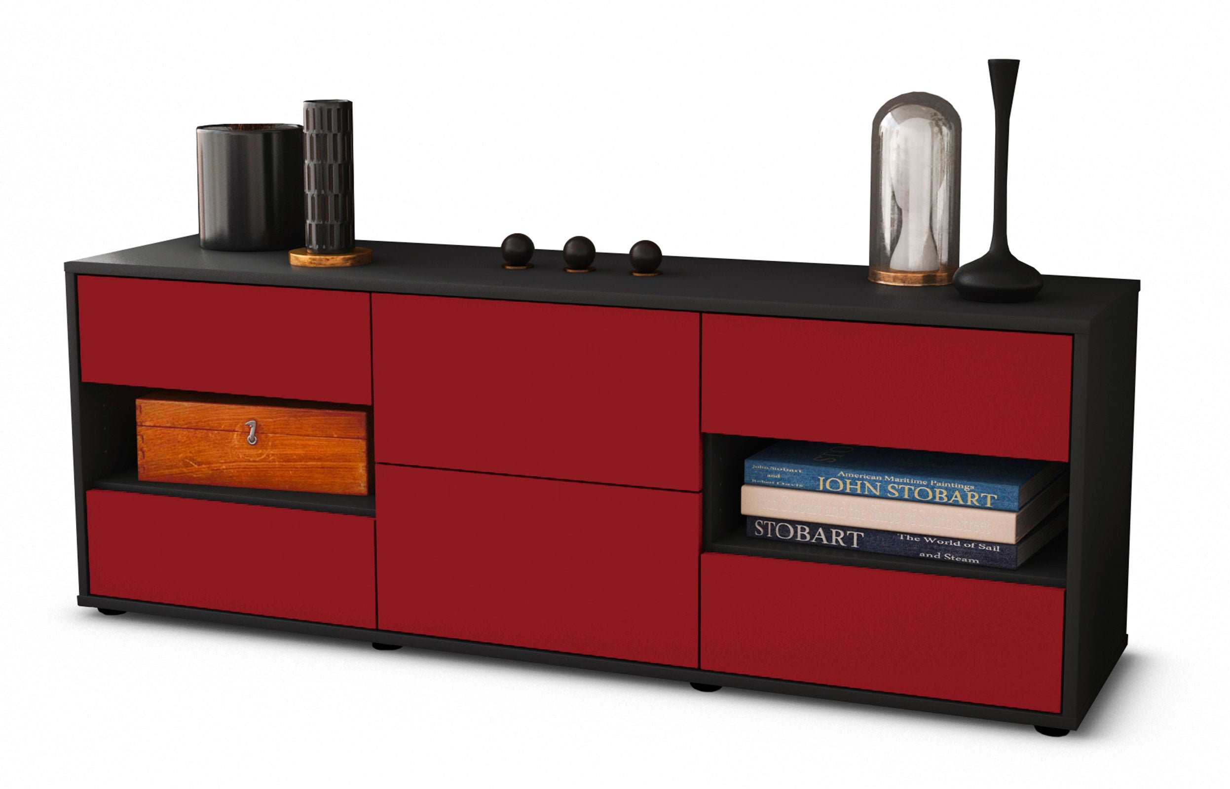 Lowboard - Anni - Design Farbakzent - Freistehend mit Push to Open 136 cm Anthrazit