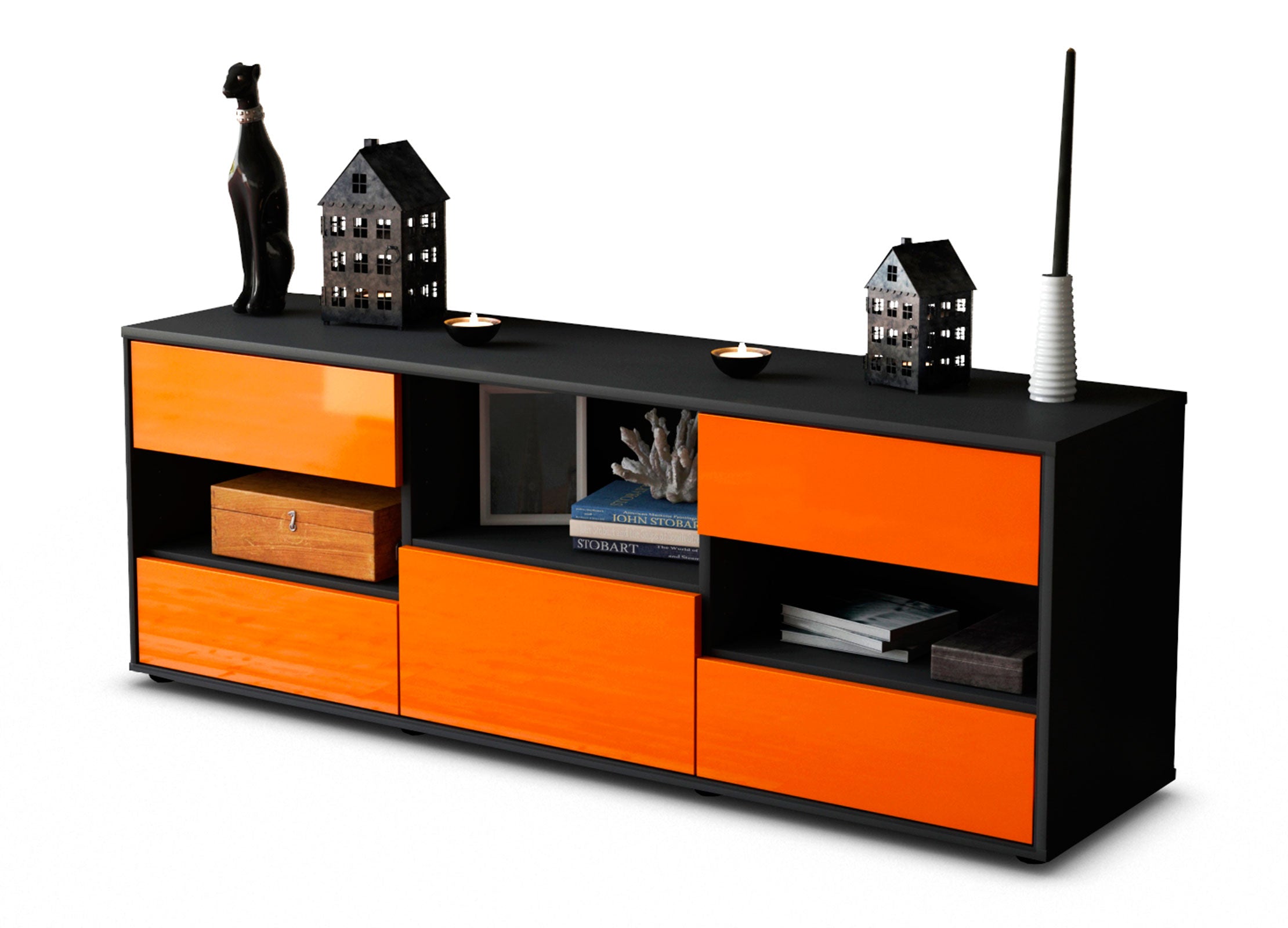 Lowboard - Annunziata - Design Hochglanz - Freistehend mit Push to Open 136 cm Anthrazit