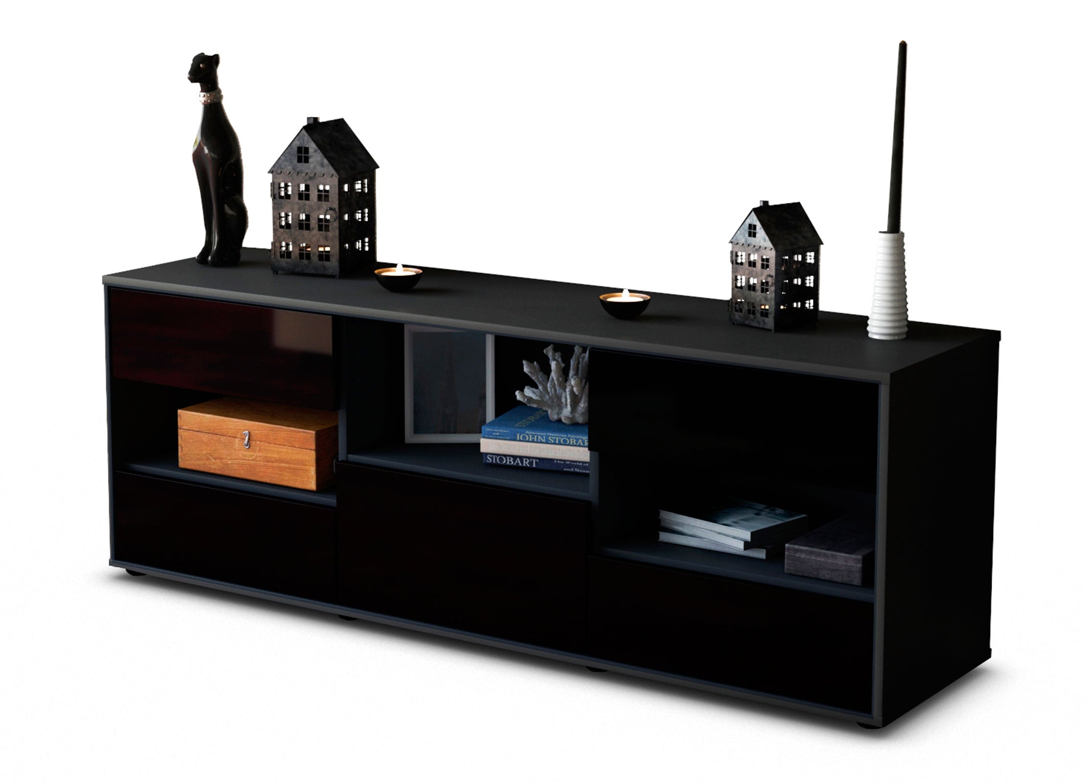 Lowboard - Annunziata - Design Hochglanz - Freistehend mit Push to Open 136 cm Anthrazit