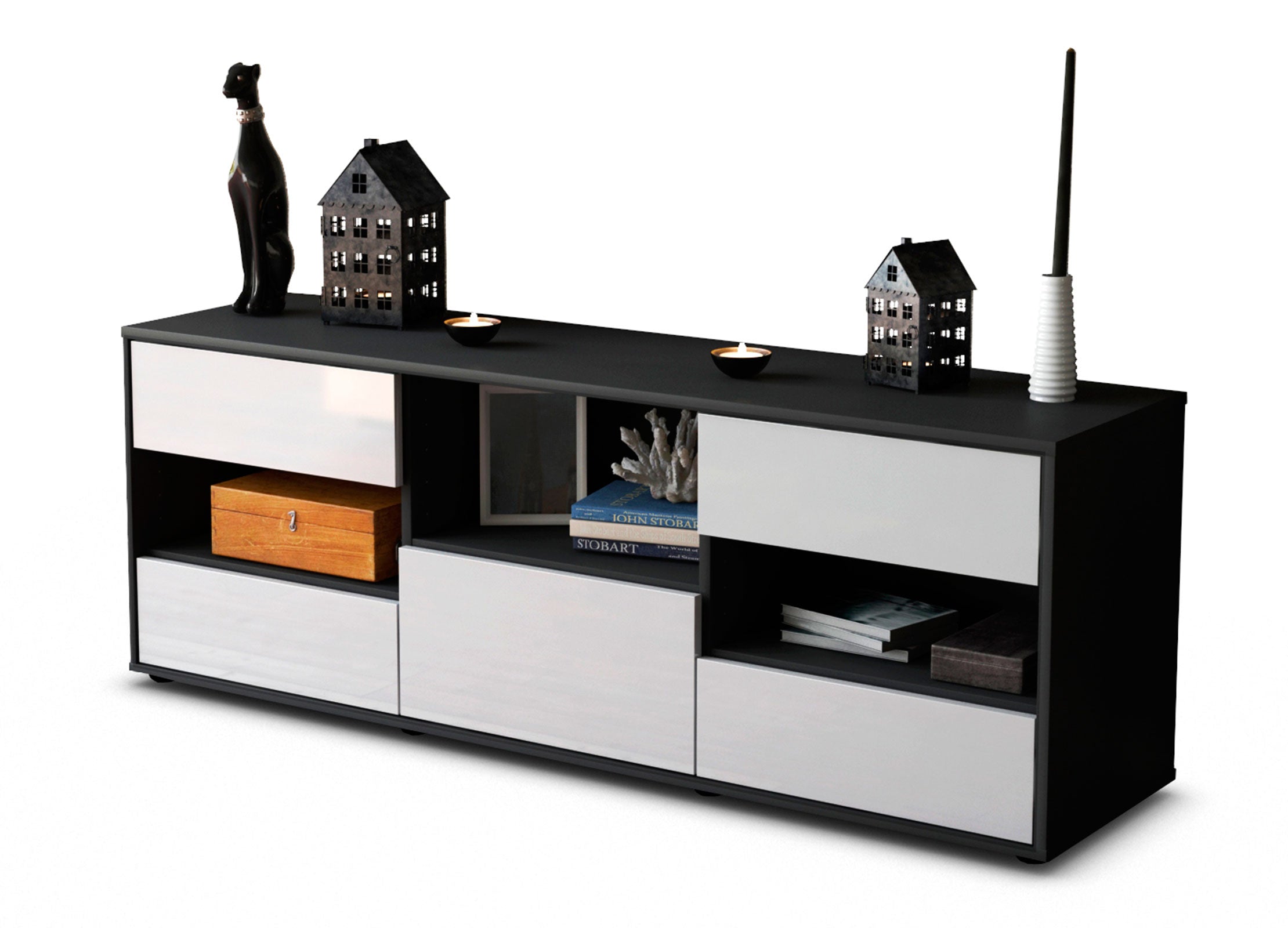 Lowboard - Annunziata - Design Hochglanz - Freistehend mit Push to Open 136 cm Anthrazit