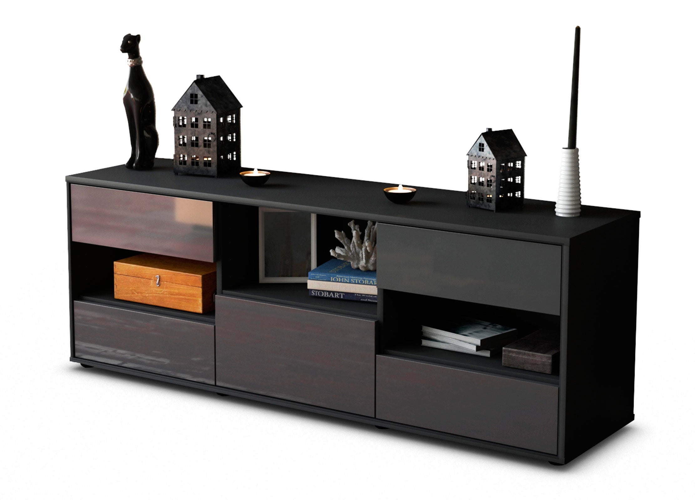 Lowboard - Annunziata - Design Hochglanz - Freistehend mit Push to Open 136 cm Anthrazit
