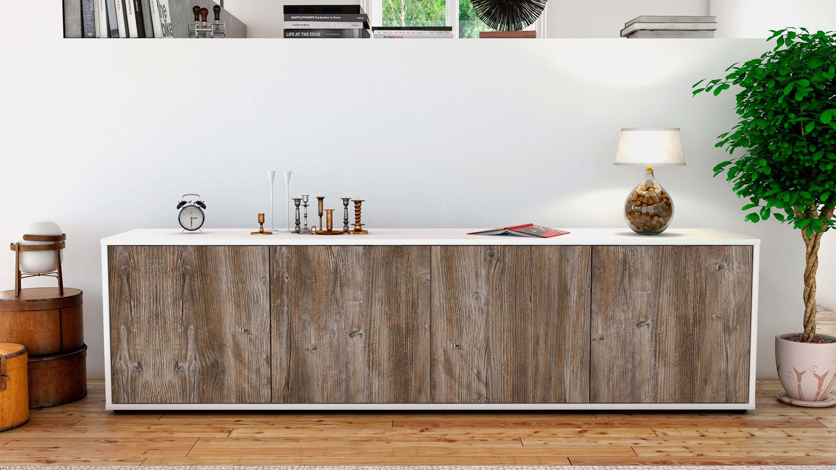 Lowboard - Antonia - Design Holzdekor - Freistehend mit Push to Open 180 cm Weiss