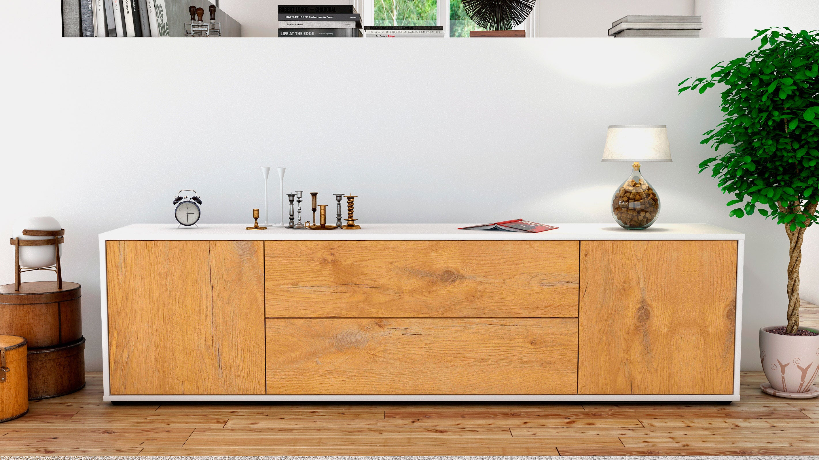 Lowboard - Aquilina - Design Holzdekor - Freistehend mit Push to Open 180 cm Weiss